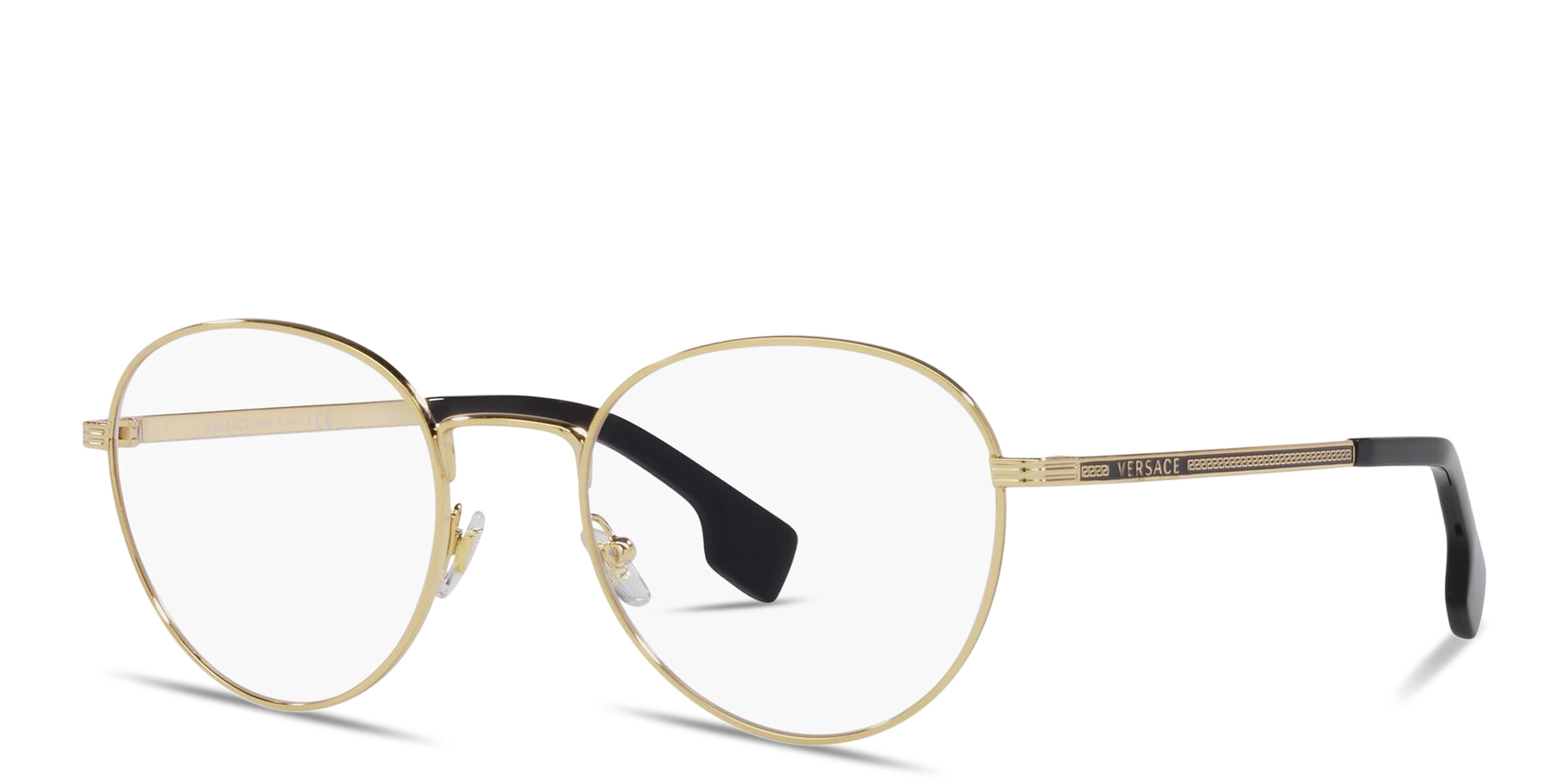 Shop VERSACE Logo Signature Round Eyeglasses in Gold online.
