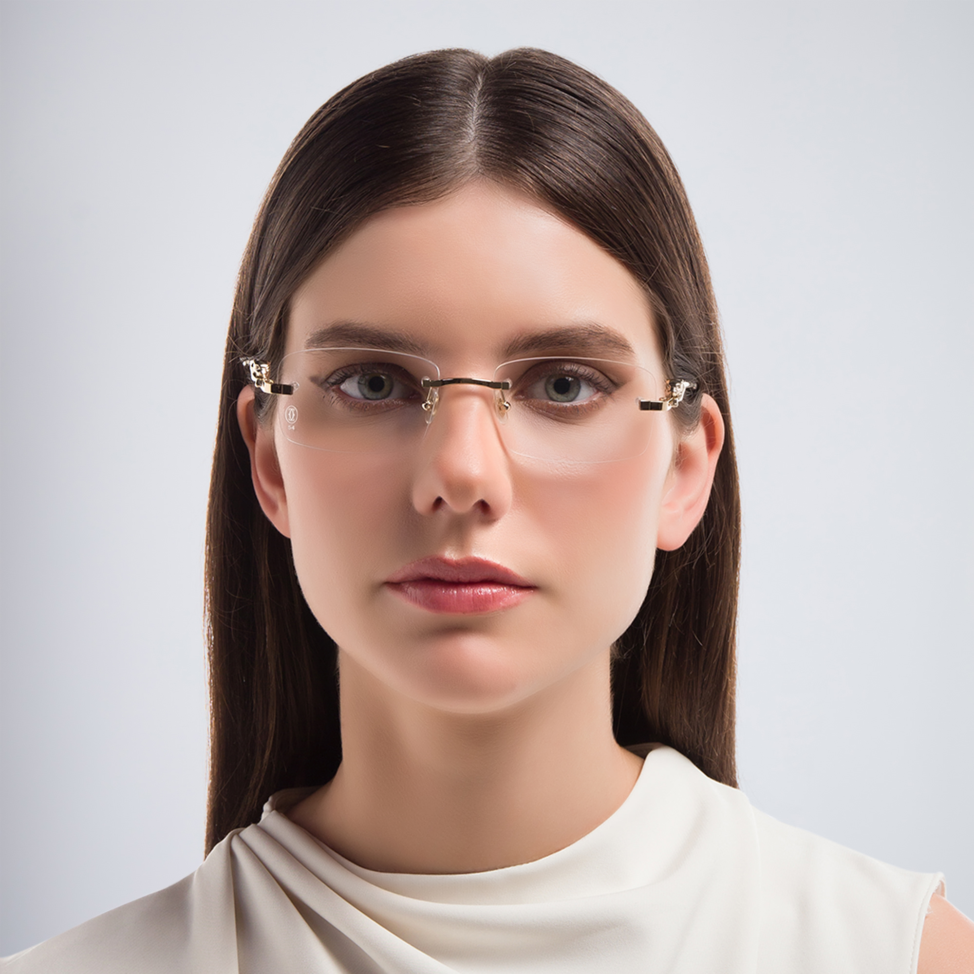 Shop Cartier Panthère de Cartier Rimless Rectangle Eyeglasses in Gold online.