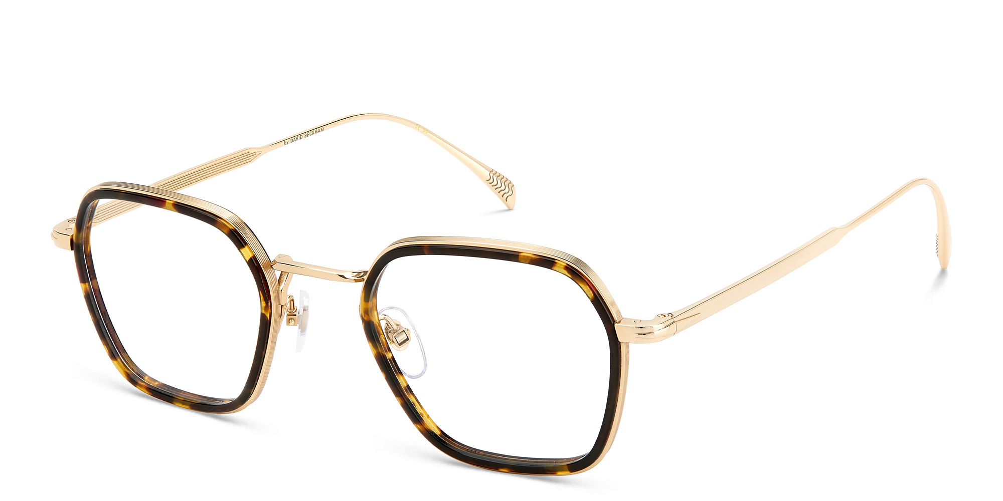 Shop DAVID BECKHAM Square Eyeglasses in Gold Havana online.