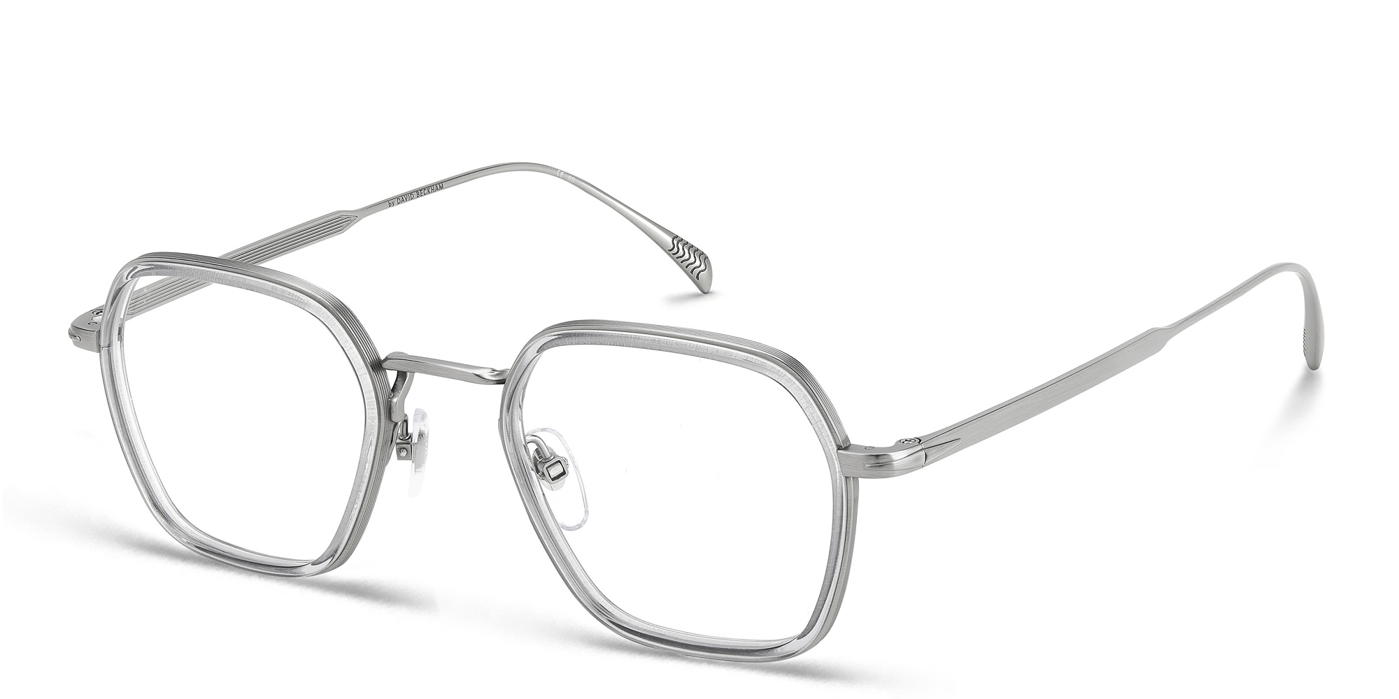 Shop DAVID BECKHAM Timeless Icons Square Eyeglasses in Ruthenium Grey online.
