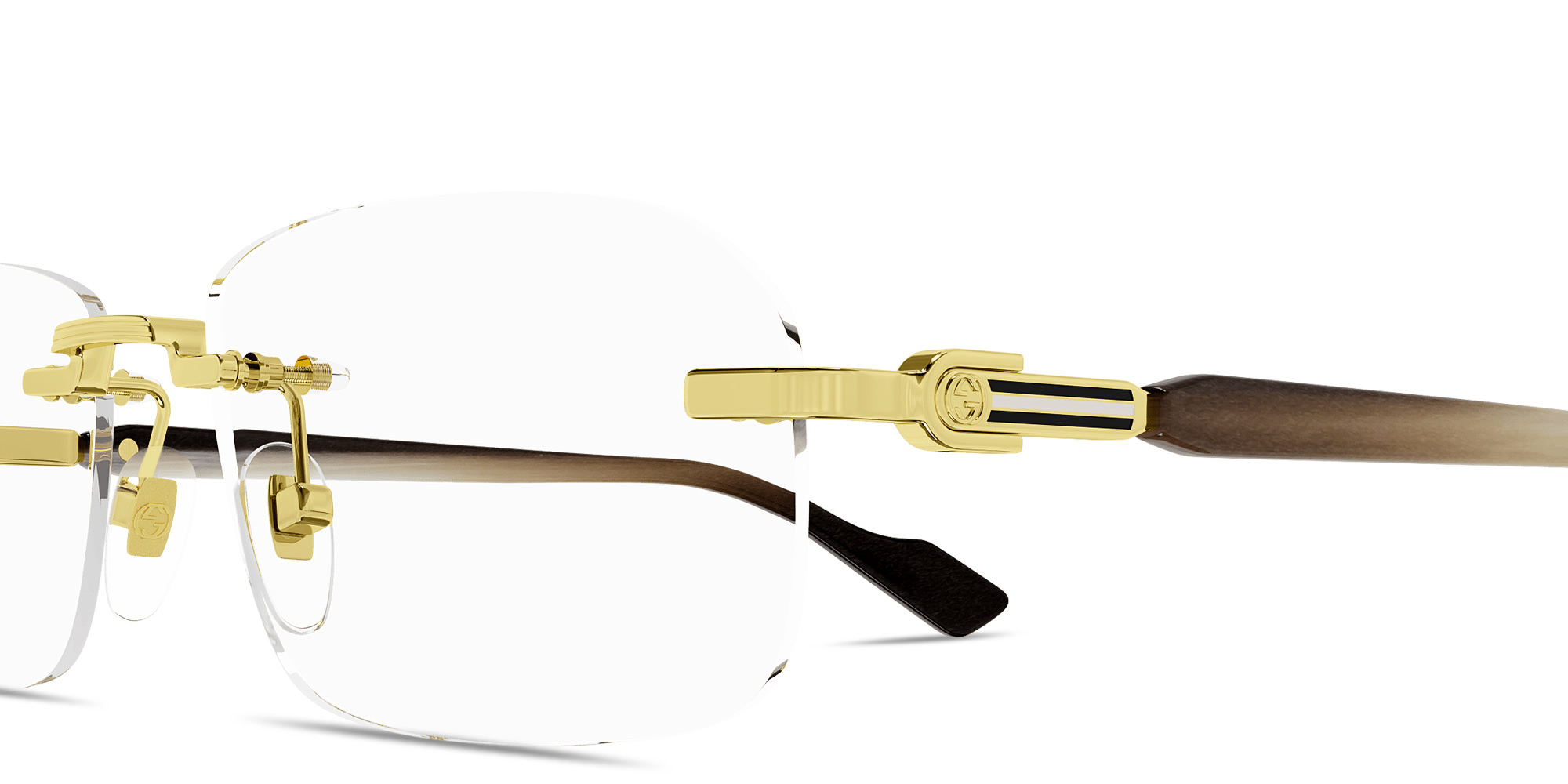 Shop GUCCI Web Wide Rimless Rectangle Eyeglasses in Gold Black online.