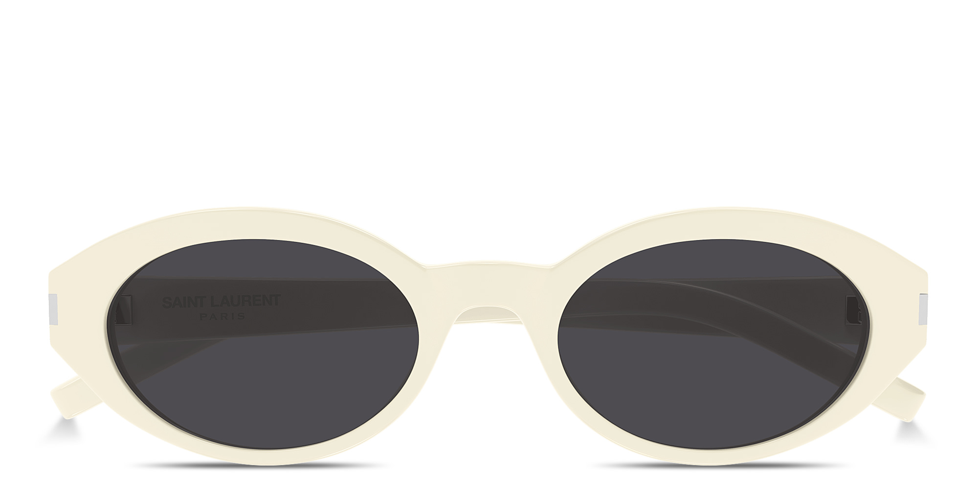 Shop SAINT LAURENT Engraved Logo Oval Sunglasses in Ivory online.