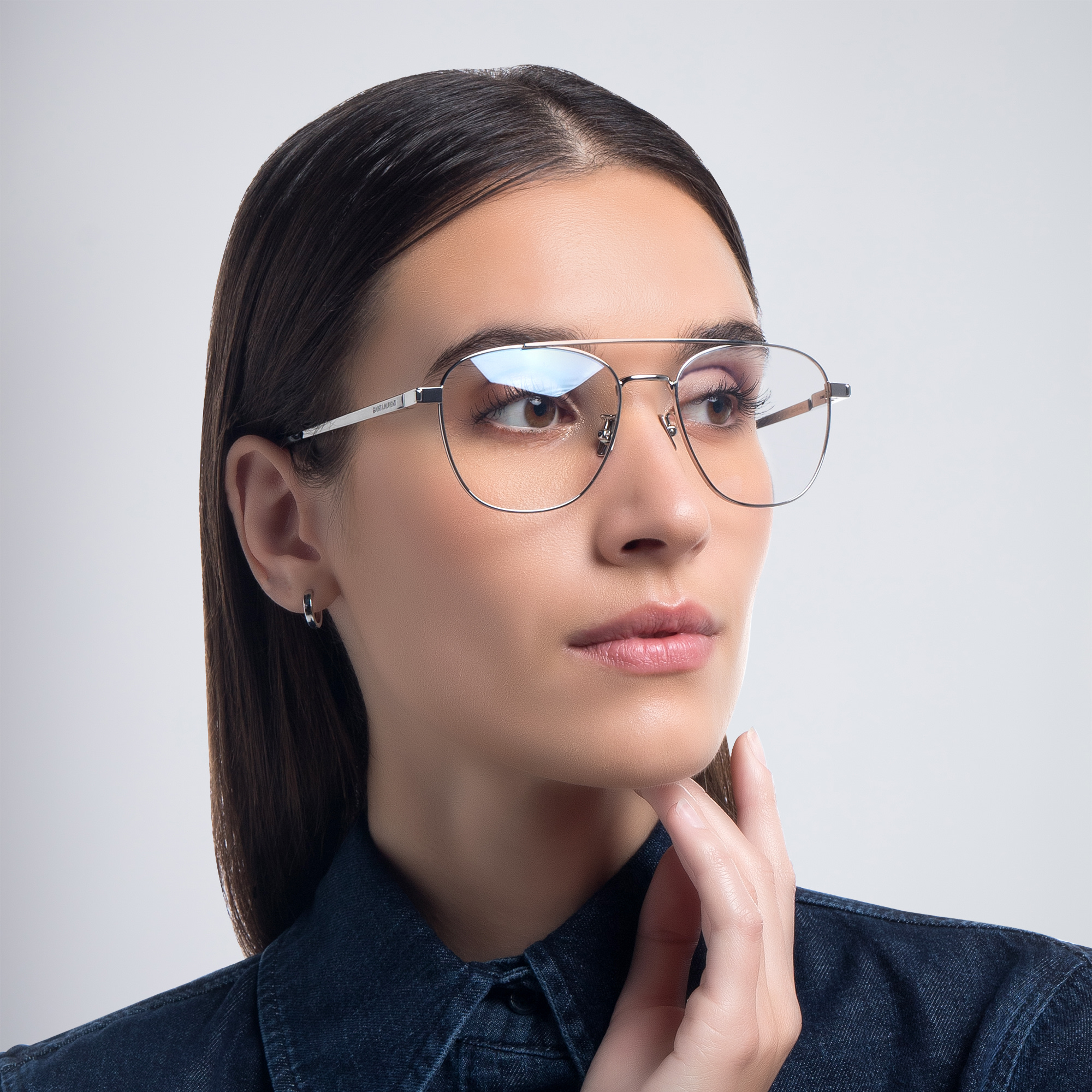 Shop SAINT LAURENT Unisex Aviator Eyeglasses in Silver online.