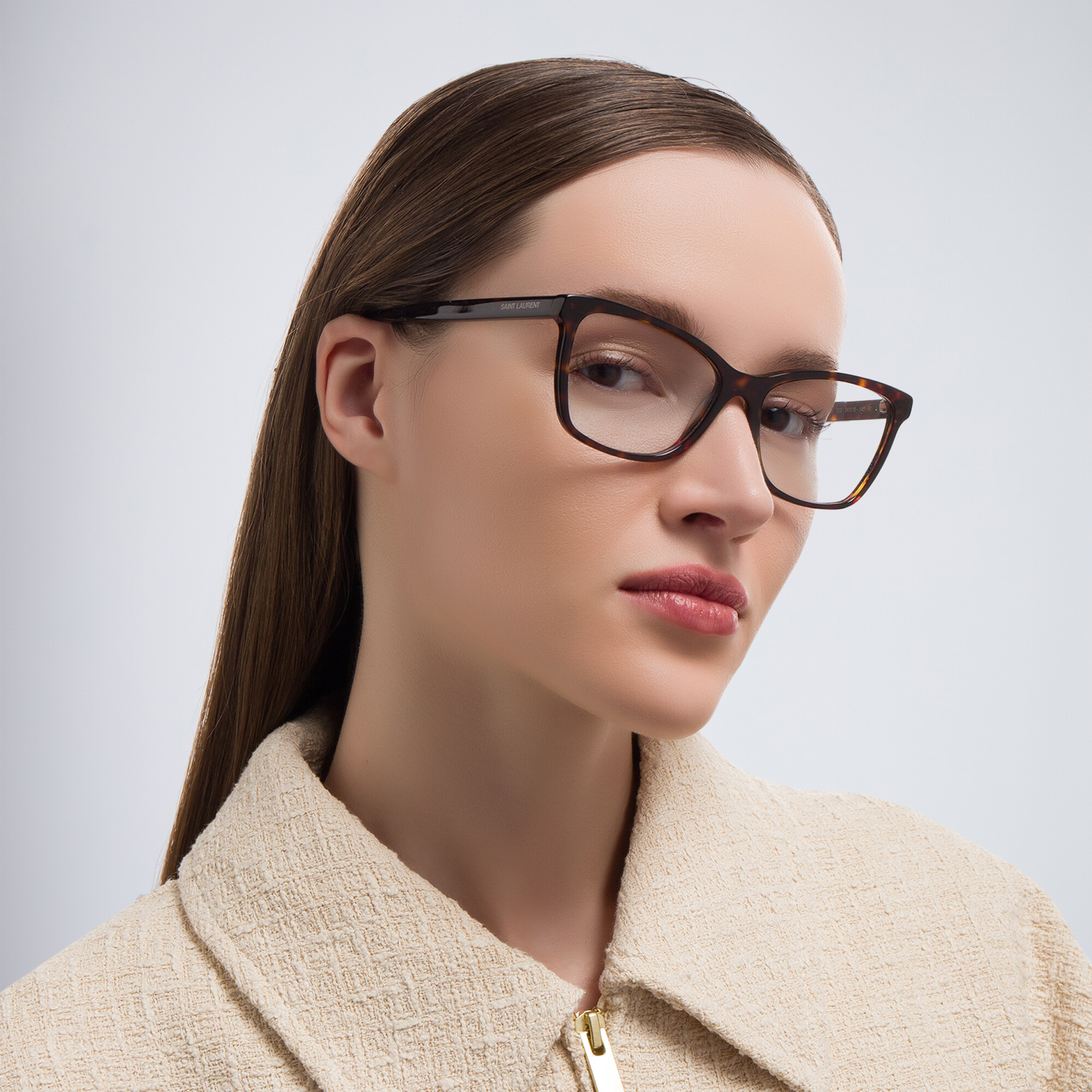 Shop SAINT LAURENT Wide Cat-Eye Eyeglasses in Havana online.