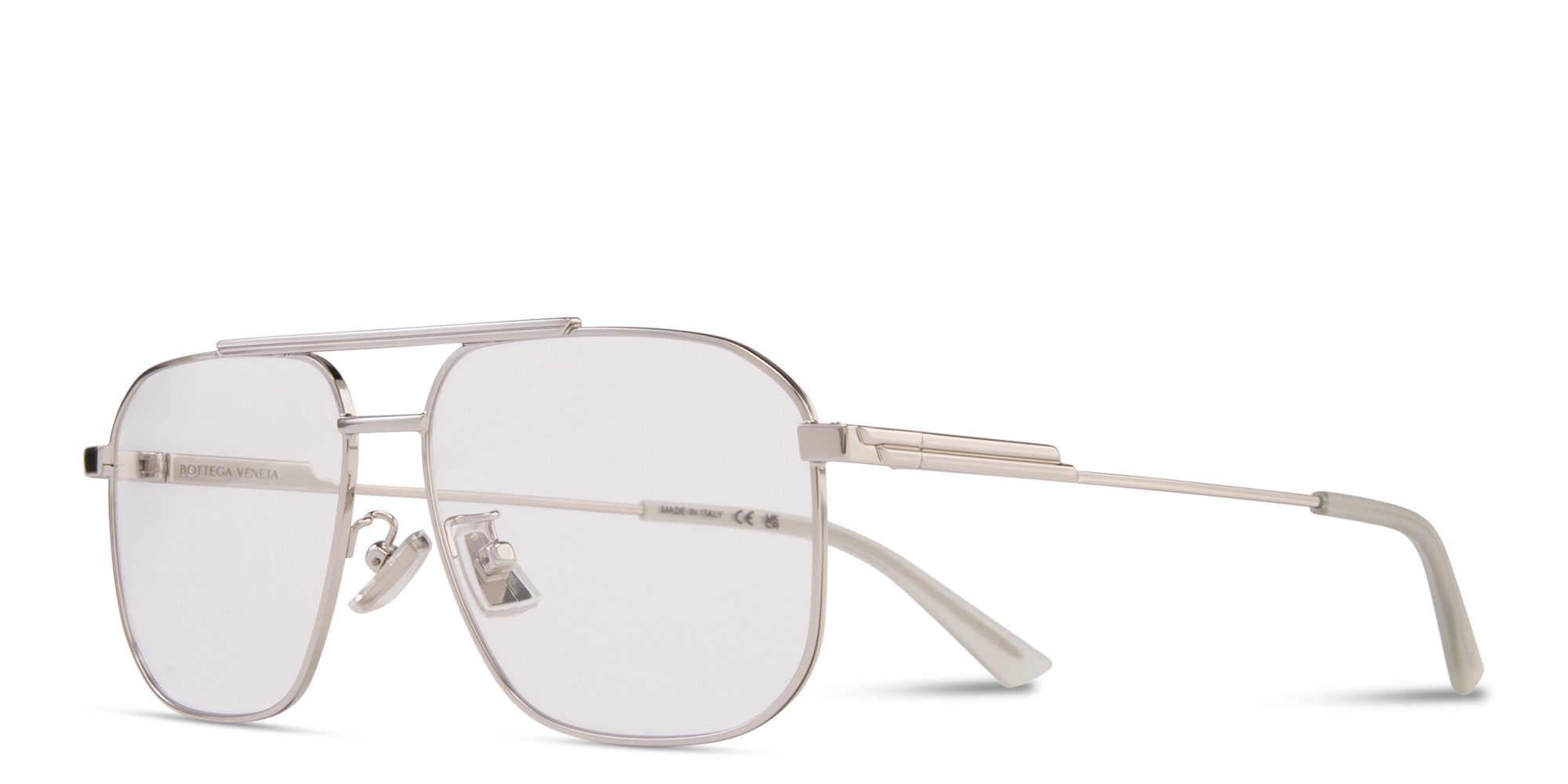 Shop BOTTEGA VENETA Unisex Wide Aviator Eyeglasses in Silver online.