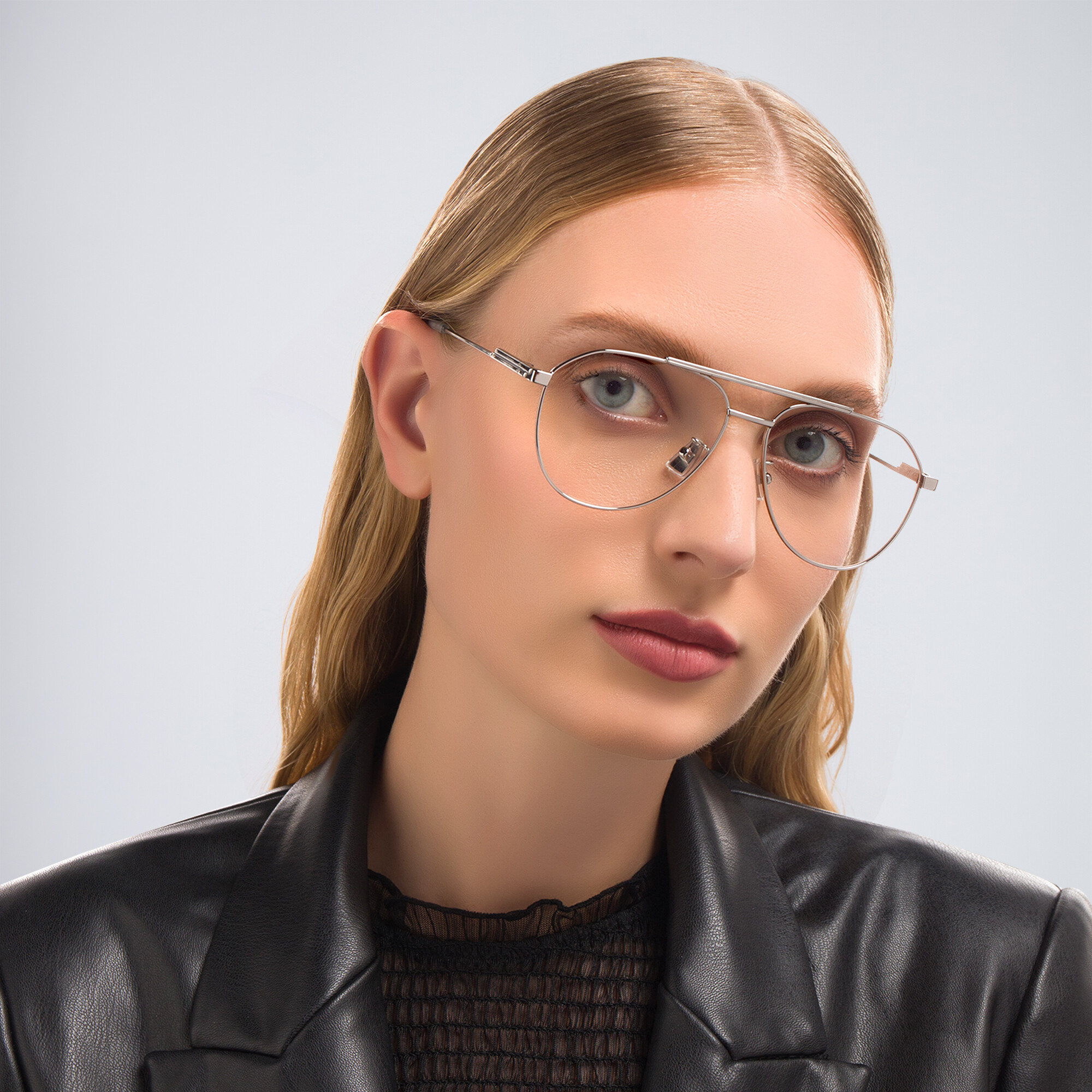 Shop BOTTEGA VENETA Unisex Wide Aviator Eyeglasses in Silver online.