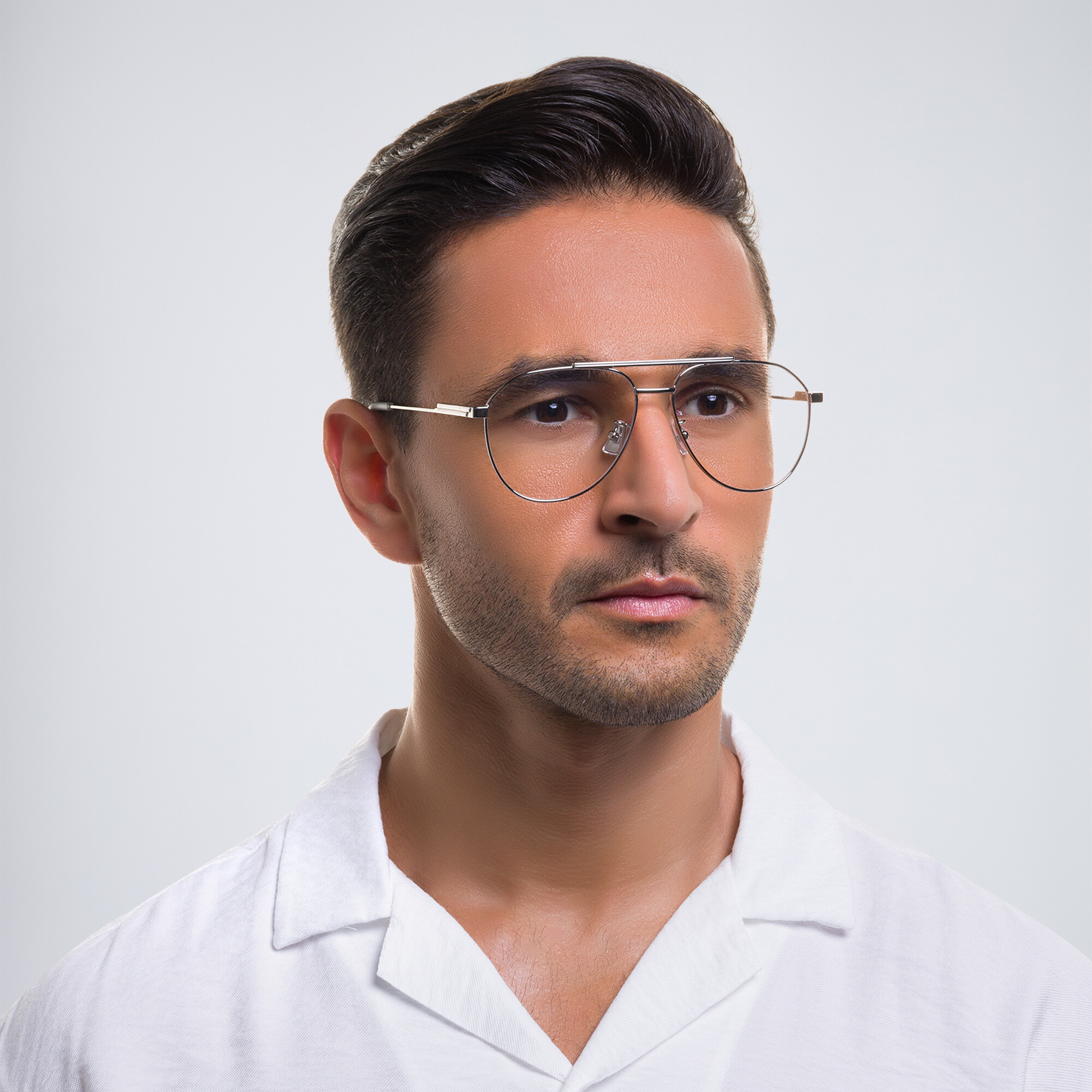 Shop BOTTEGA VENETA Unisex Wide Aviator Eyeglasses in Silver online.