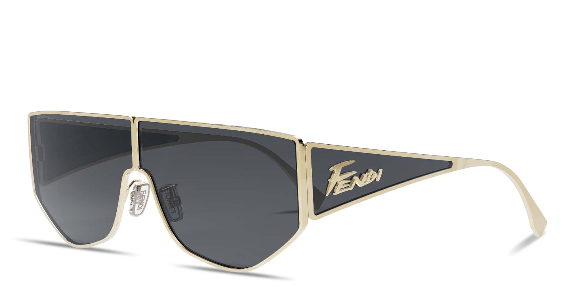 Shop FENDI Logo Signature Wide Mask Sunglasses in Gold online.