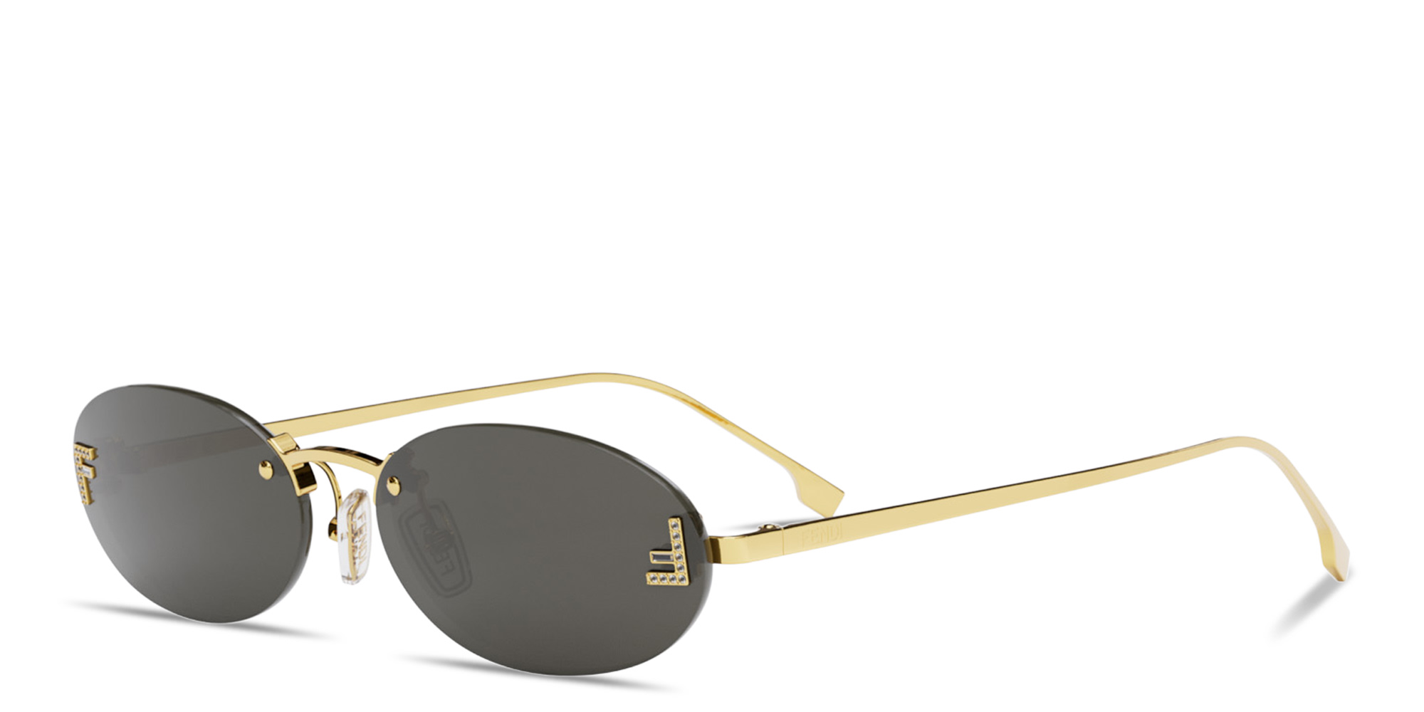 Shop FENDI First Crystal Rimless Oval Sunglasses in Gold online.