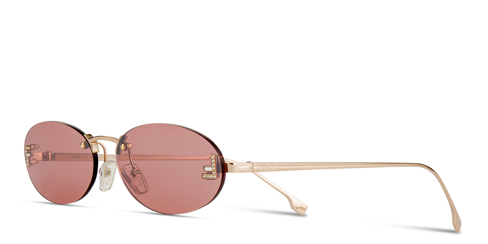 Shop FENDI First Crystal Rimless Oval Sunglasses in Rose Gold online.