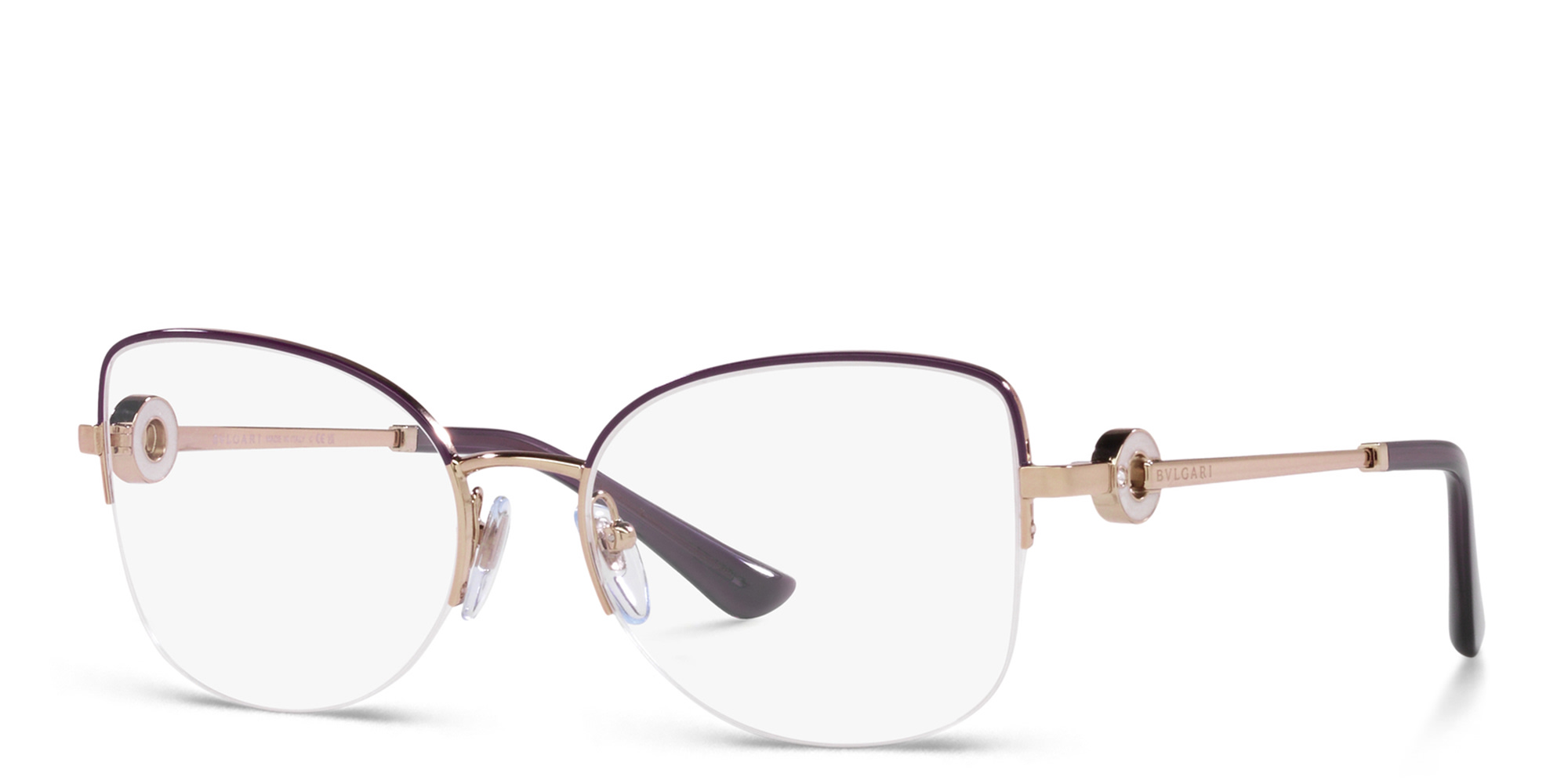 Shop BVLGARI Half-Rim Cat-Eye Eyeglasses in Pink Gold/Purple online.