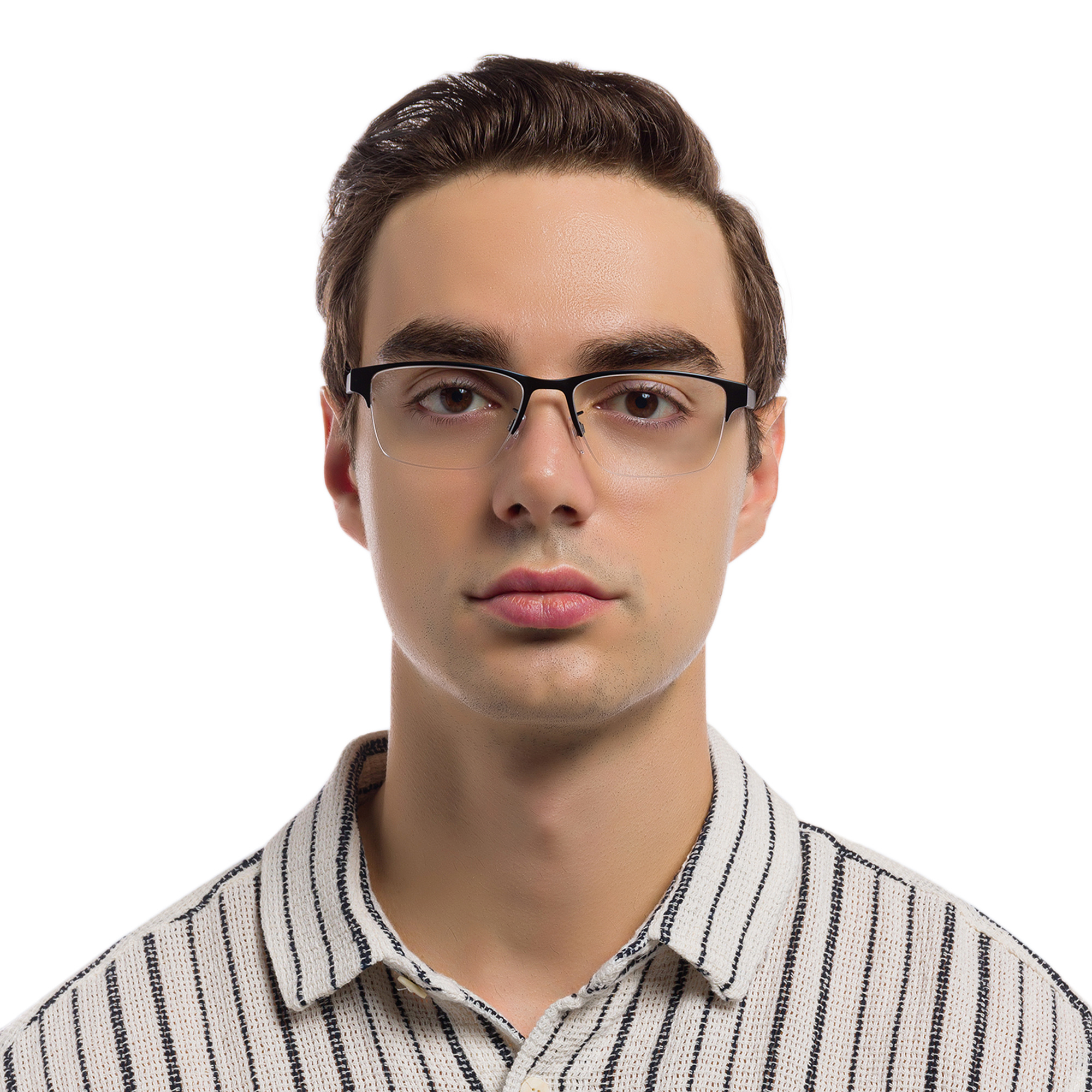 Shop Emporio Armani Half-Rim Pillow Eyeglasses in Matte Black online.