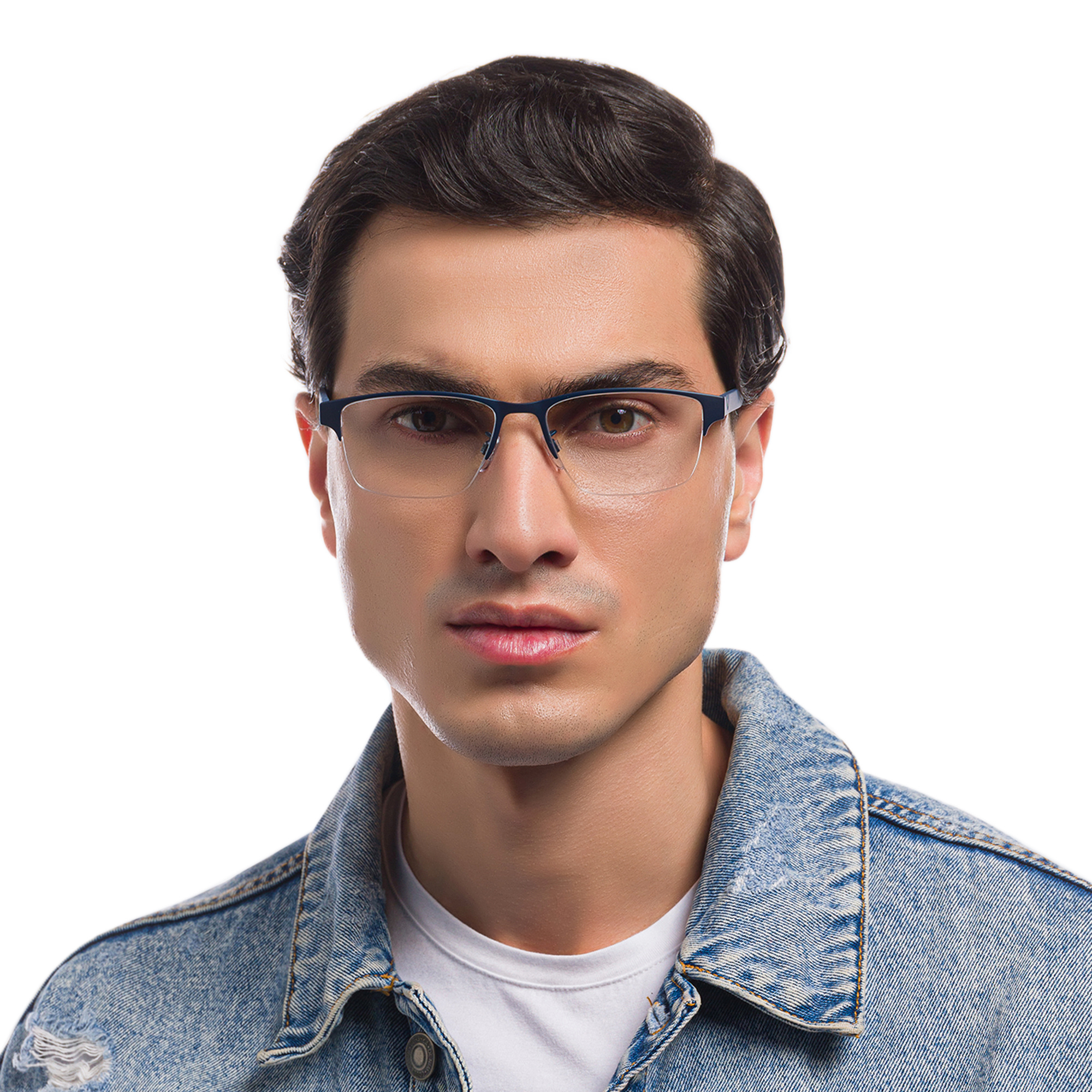 Shop Emporio Armani Half-Rim Rectangle Eyeglasses in Matte Blue online.