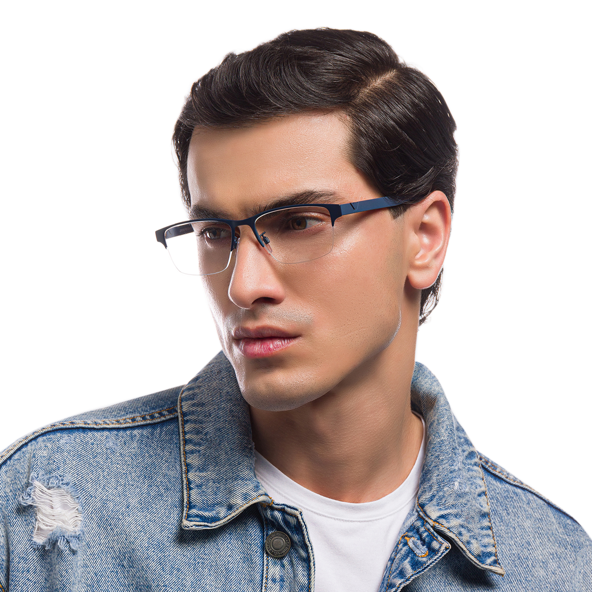 Shop Emporio Armani Half-Rim Rectangle Eyeglasses in Matte Blue online.
