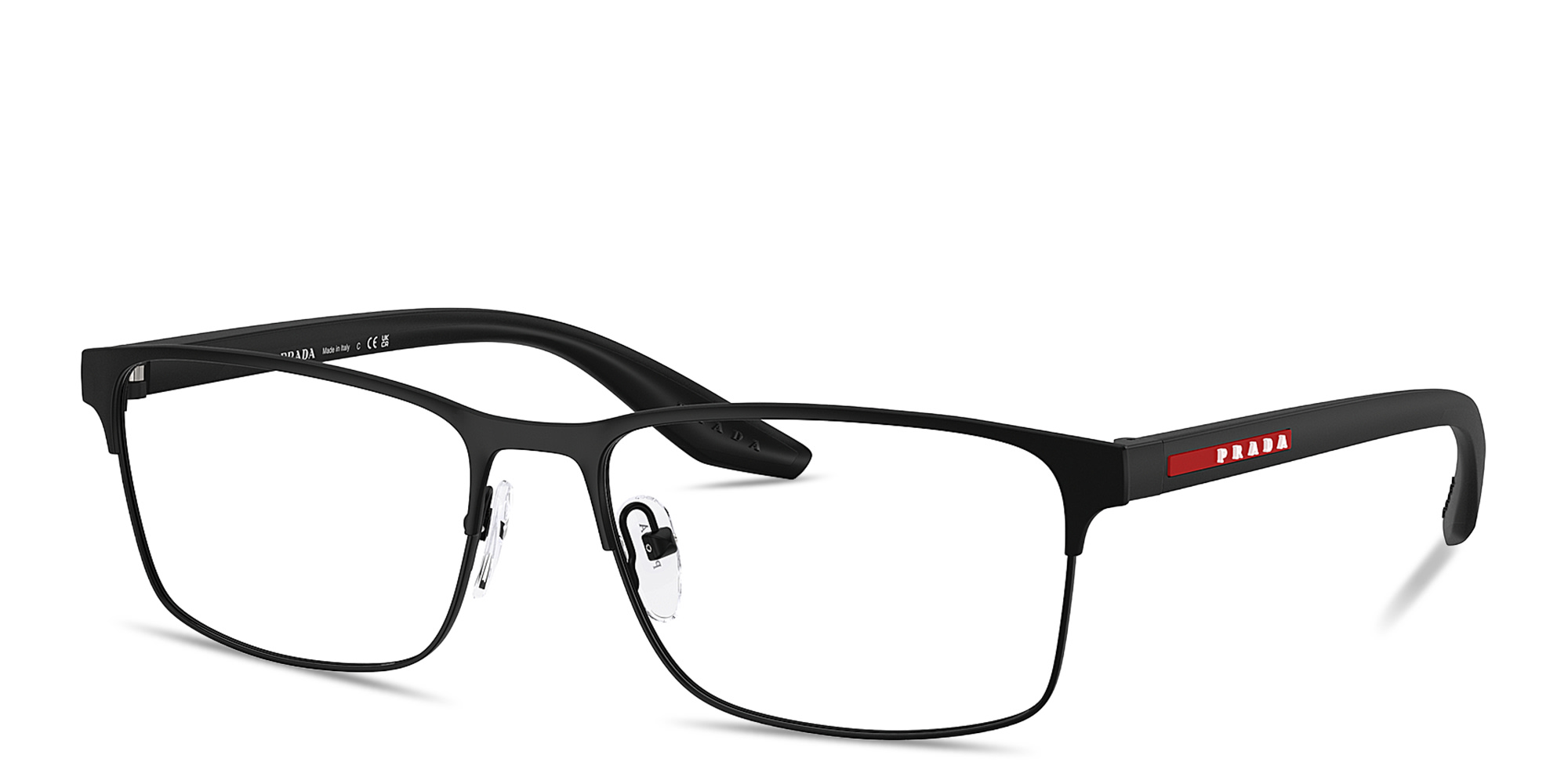 Shop Prada Linea Rossa Logo Signature Wide Rectangle Eyeglasses in Black online.
