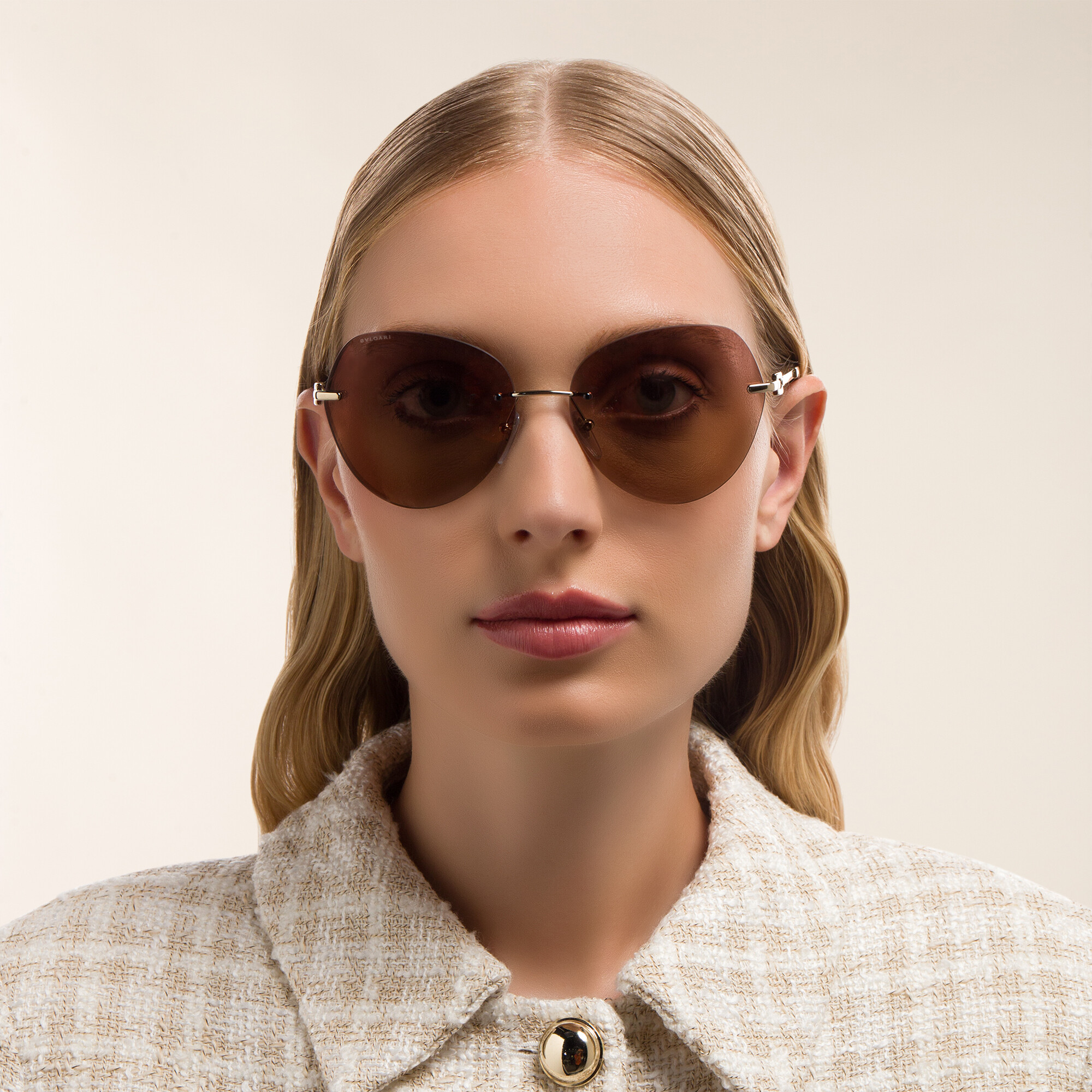BVLGARI Rimless Pilot Sunglasses in Pale Gold – Product Photo 5