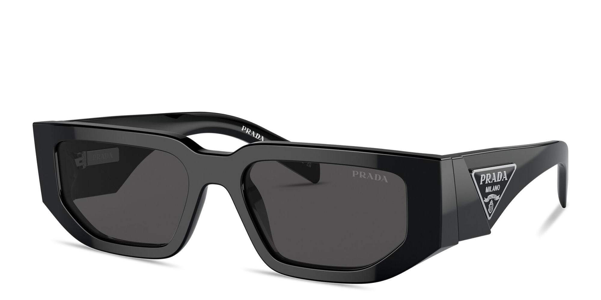 Shop PRADA Triangle Logo Rectangle Sunglasses in Black online.