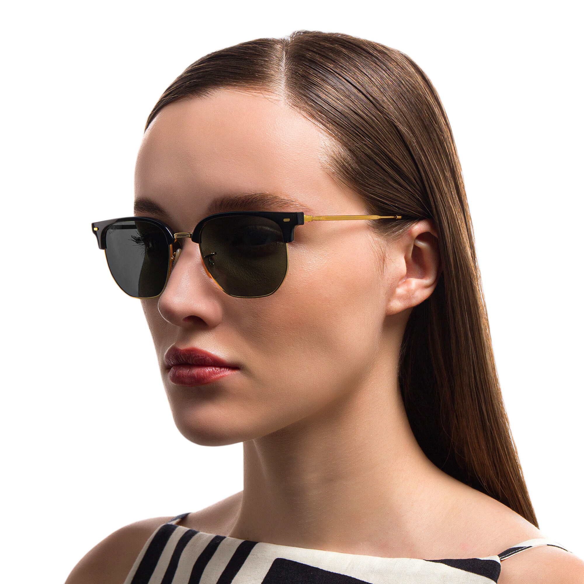 Shop Ray-Ban New Clubmaster Unisex Irregular Sunglasses in Black On Gold online.