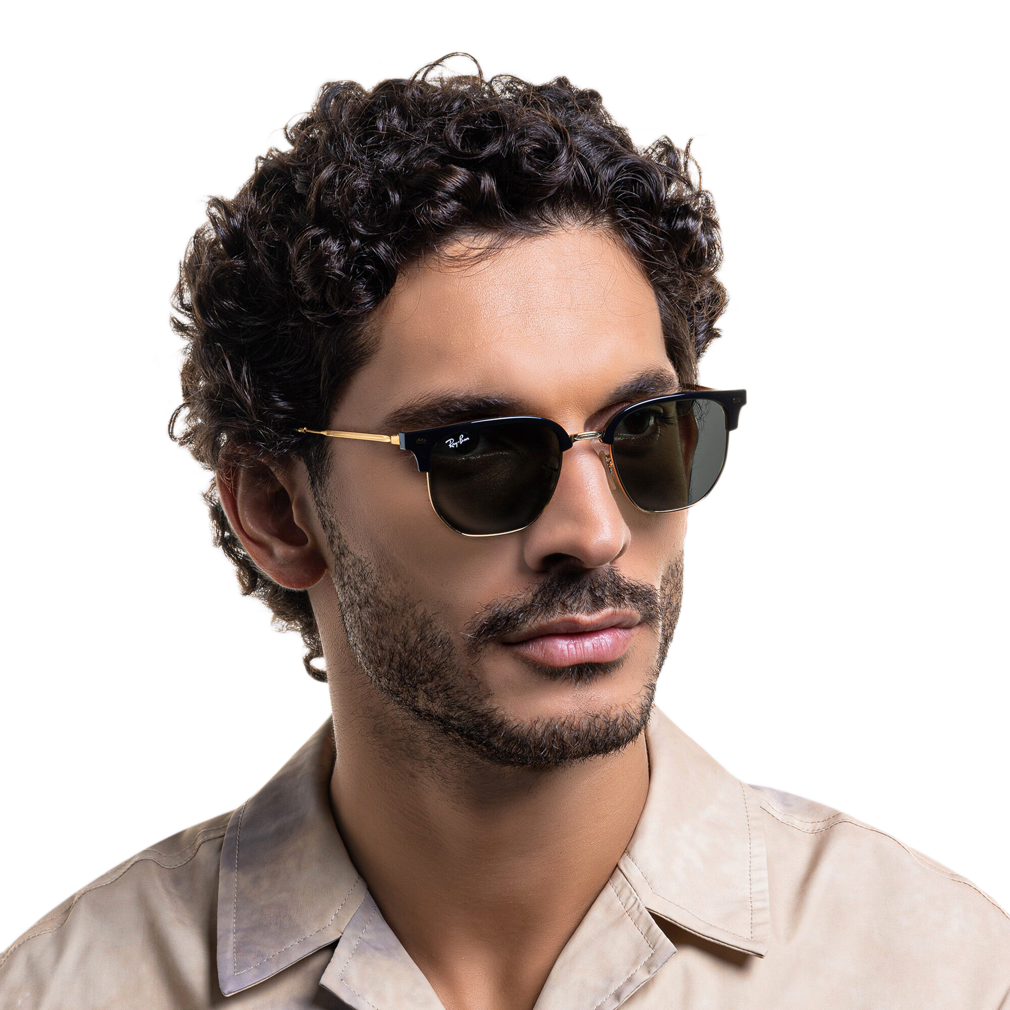 Shop Ray-Ban New Clubmaster Unisex Irregular Sunglasses in Black On Gold online.