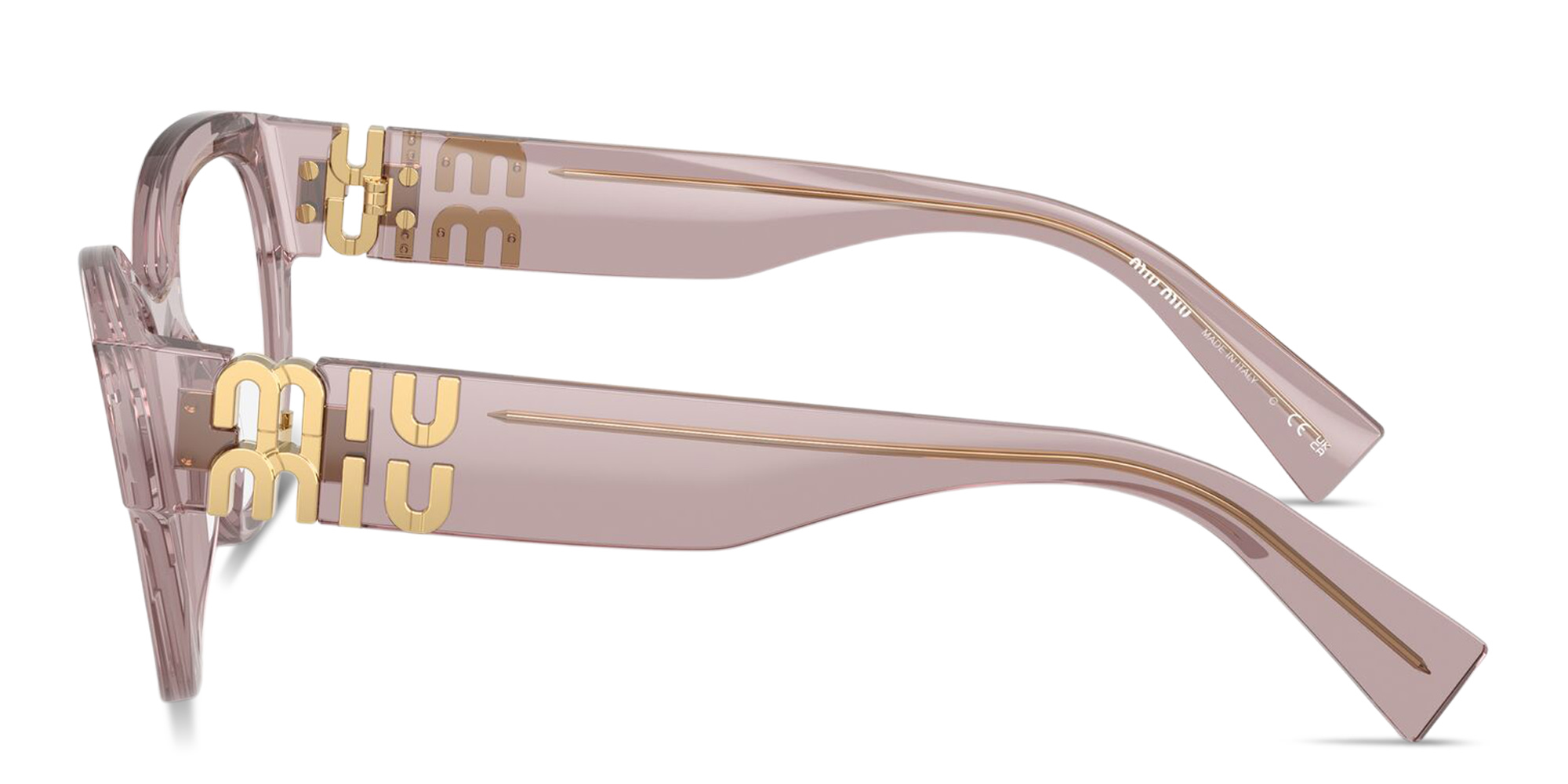 Shop MIU MIU Vertical Logo Cat-Eye Eyeglasses in Transparent mauve online.