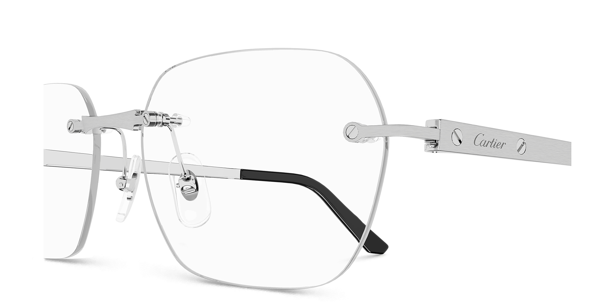 Shop Cartier Santos de Cartier Wide Rectangle Eyeglasses in Silver online.