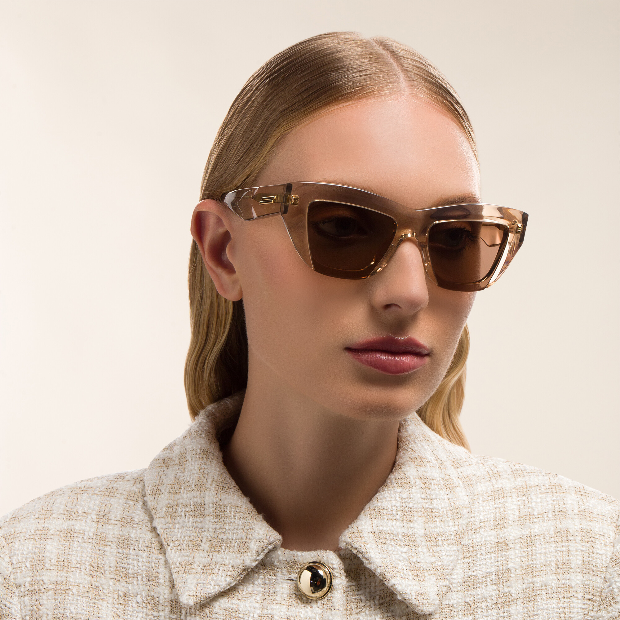 Shop BOTTEGA VENETA Rectangle Sunglasses in Nude online.