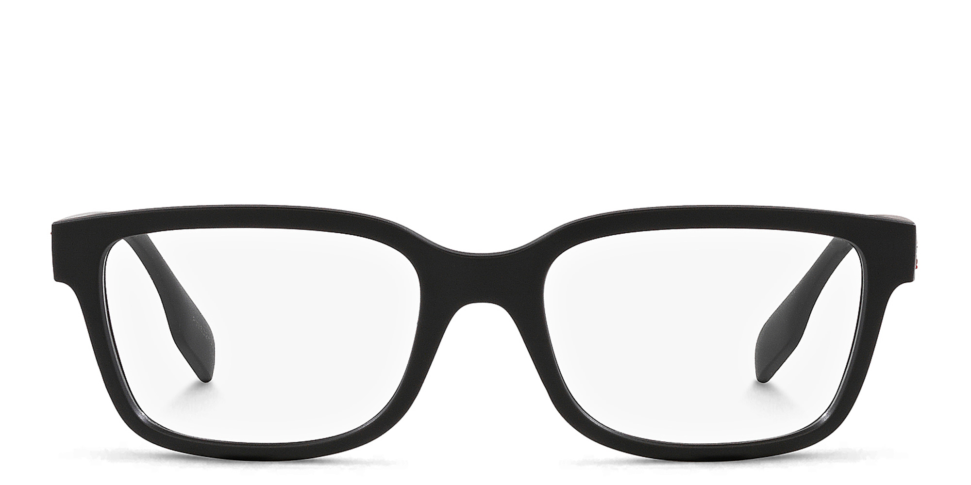 Shop BURBERRY Logo Wide Square Eyeglasses in Matte Black online.