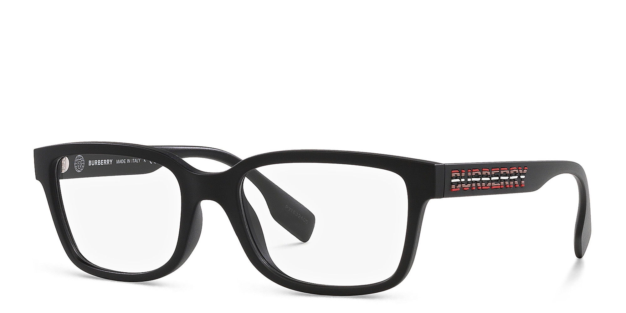 Shop BURBERRY Logo Wide Square Eyeglasses in Matte Black online.