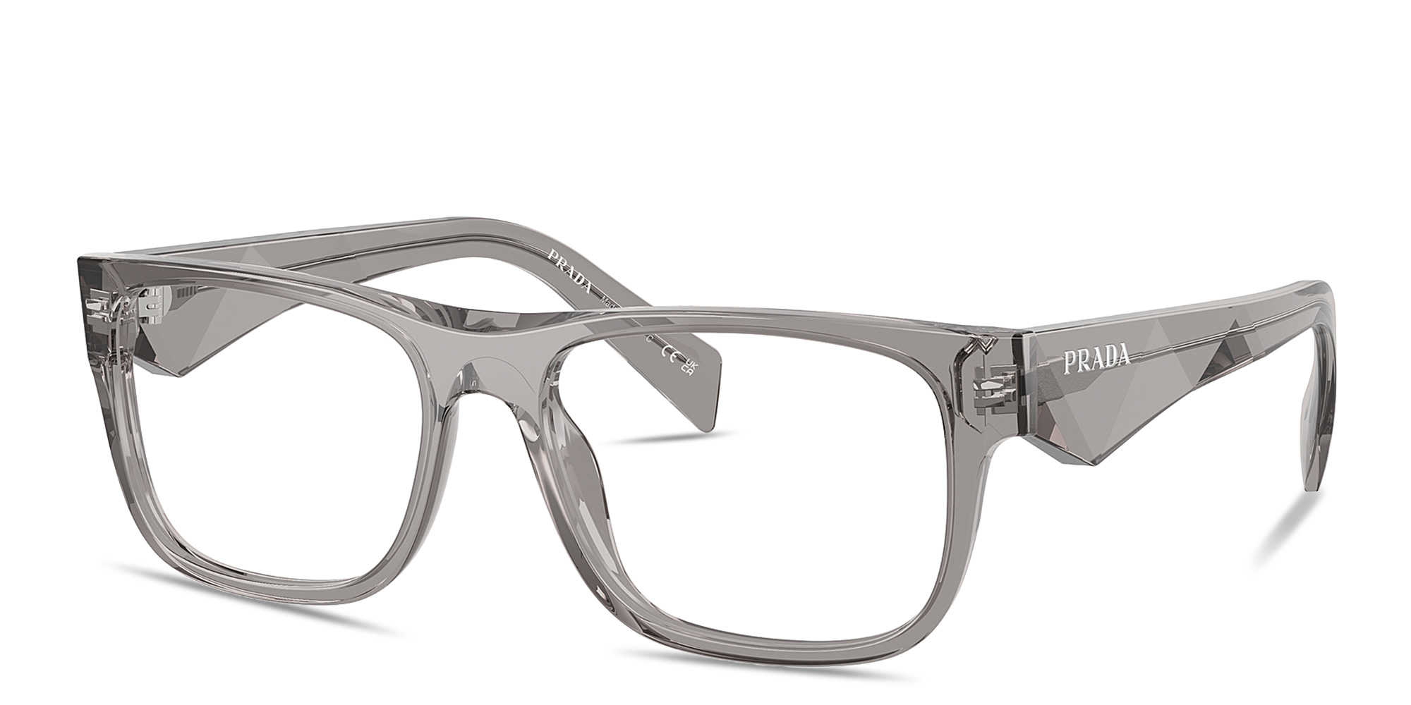 Shop PRADA Catwalk Wide Pillow Eyeglasses in Transparent Dark Grey online.