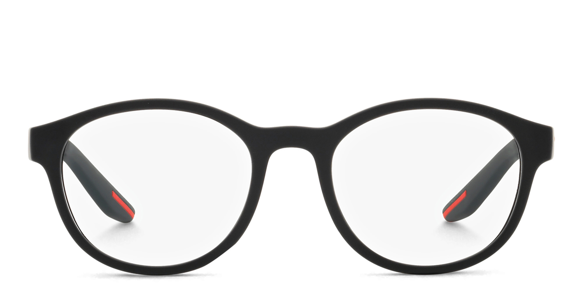 Shop Prada Linea Rossa Panthos Eyeglasses in Black Rubber online.