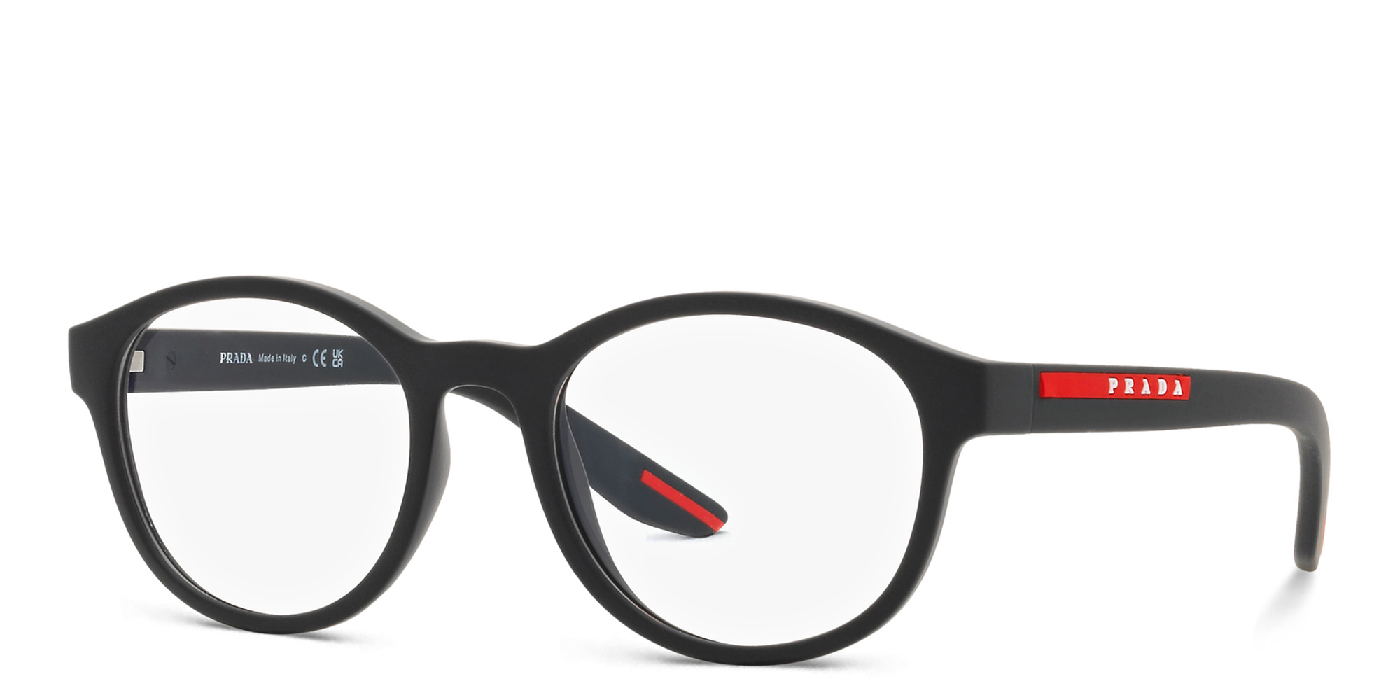 Shop Prada Linea Rossa Panthos Eyeglasses in Black Rubber online.
