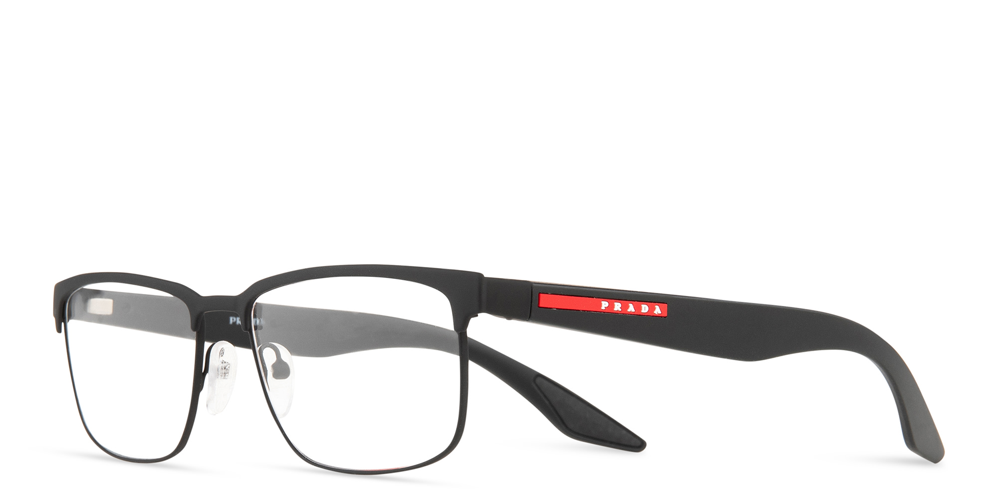 Shop Prada Linea Rossa Wide Rectangle Eyeglasses in Black Rubber online.