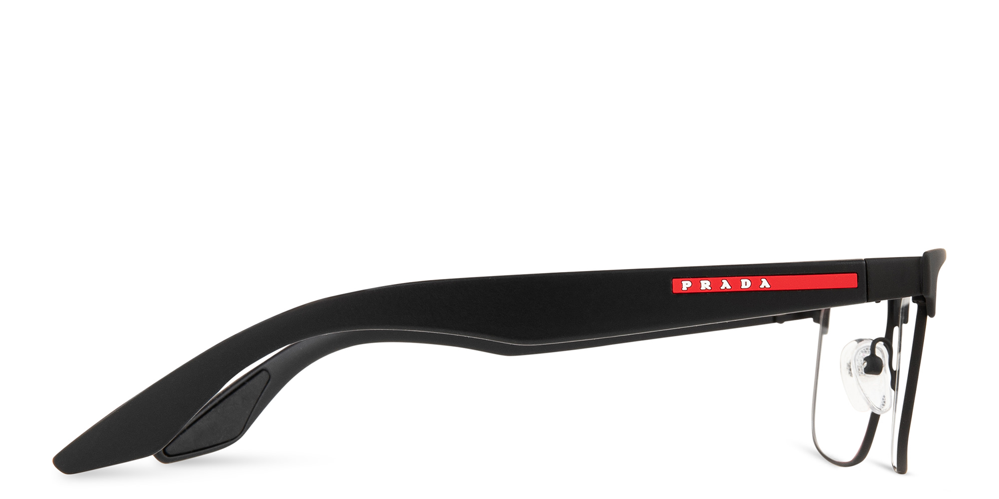 Shop Prada Linea Rossa Wide Rectangle Eyeglasses in Black Rubber online.