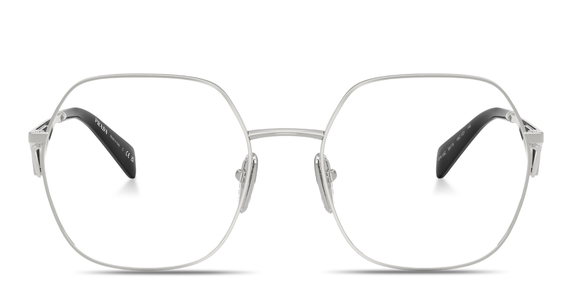 Shop PRADA Triangle Logo Oversized Wide Irregular Eyeglasses in Silver online.