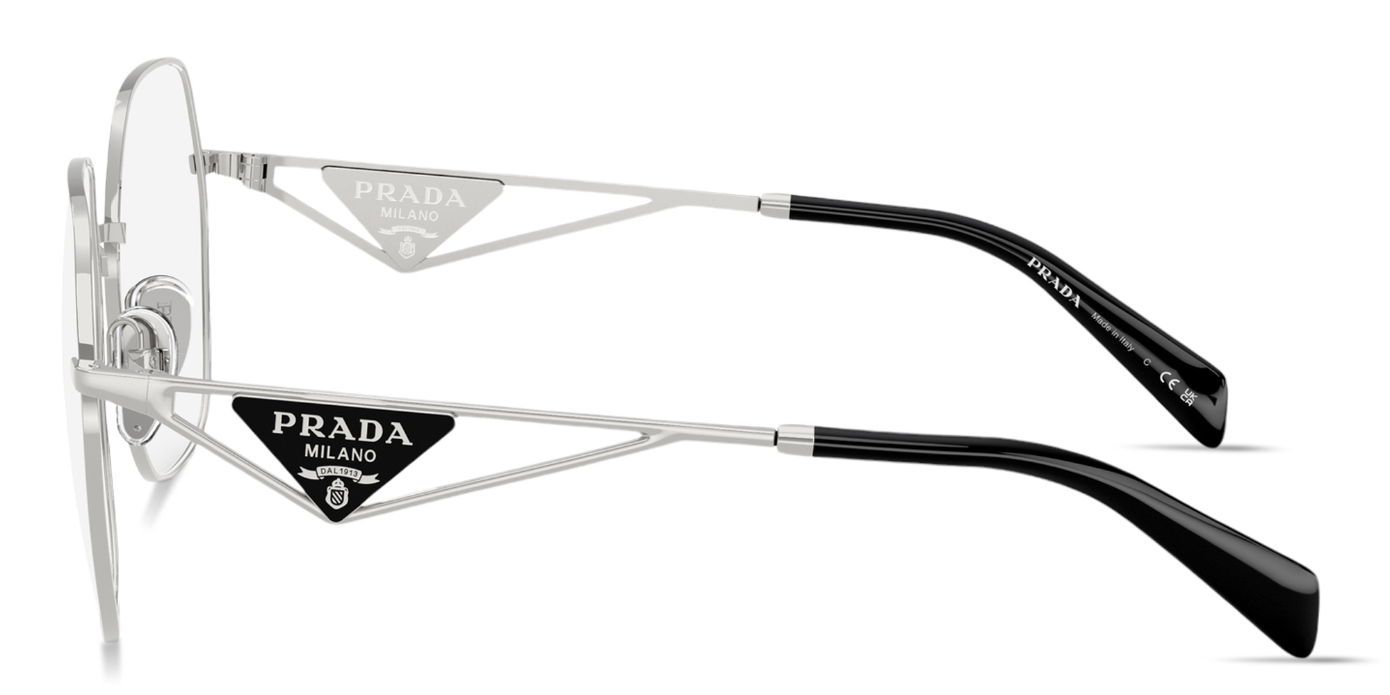 Shop PRADA Triangle Logo Oversized Wide Irregular Eyeglasses in Silver online.