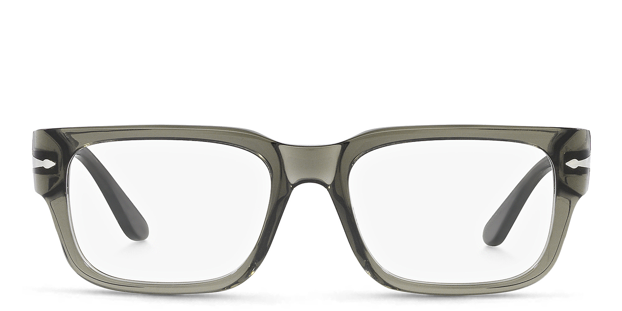 Shop PERSOL Wide Rectangle Eyeglasses in Transparent Taupe Gray online.