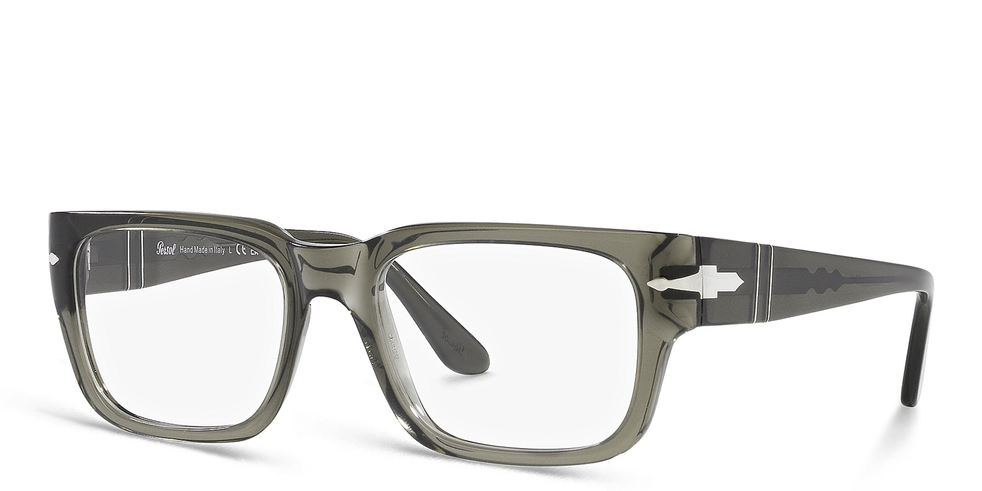 Shop PERSOL Wide Rectangle Eyeglasses in Transparent Taupe Gray online.