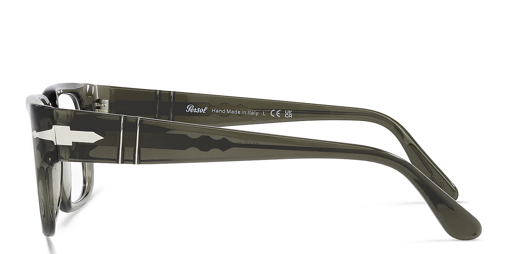 Shop PERSOL Wide Rectangle Eyeglasses in Transparent Taupe Gray online.