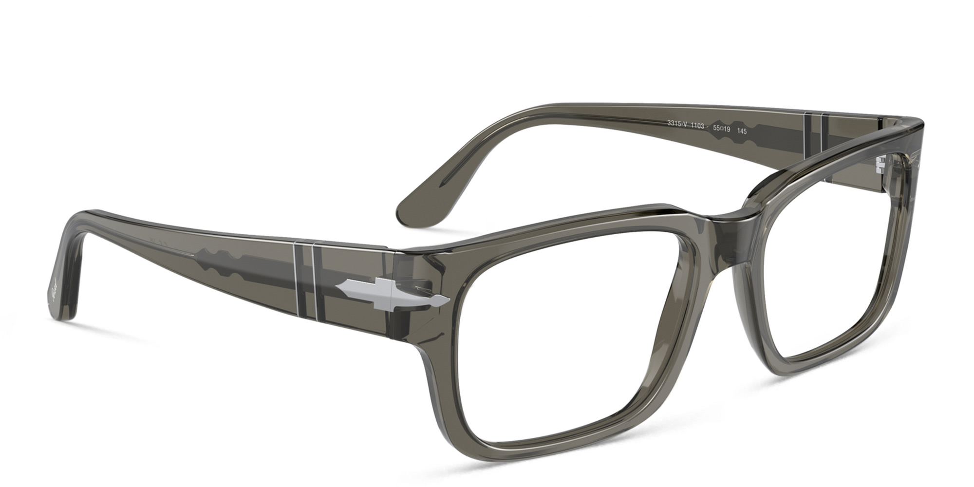 Shop PERSOL Wide Rectangle Eyeglasses in Transparent Taupe Gray online.