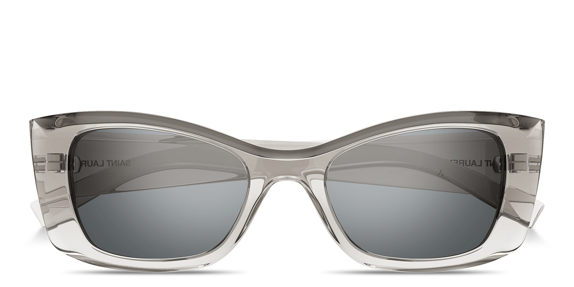 Shop SAINT LAURENT Logo Print Cat-Eye Sunglasses in Transparent Grey online.
