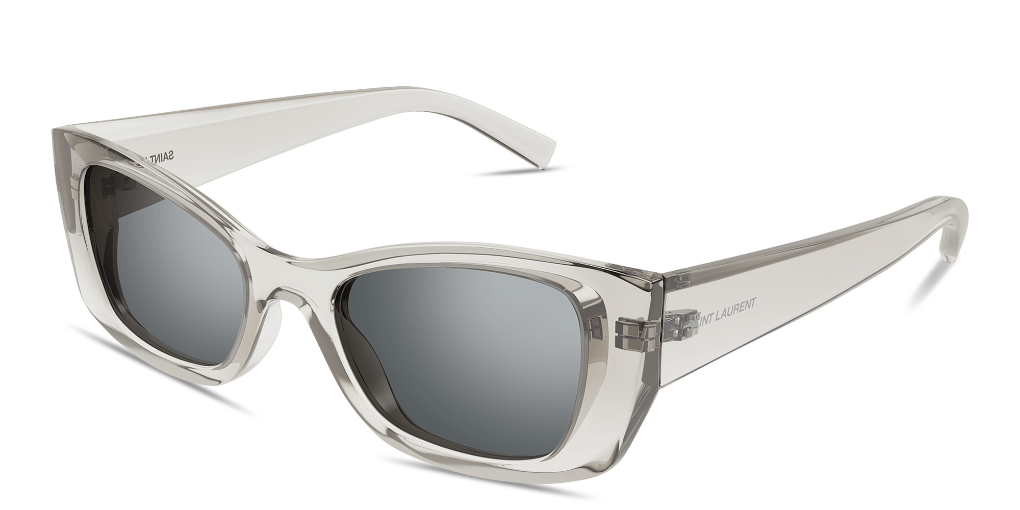 Shop SAINT LAURENT Logo Print Cat-Eye Sunglasses in Transparent Grey online.