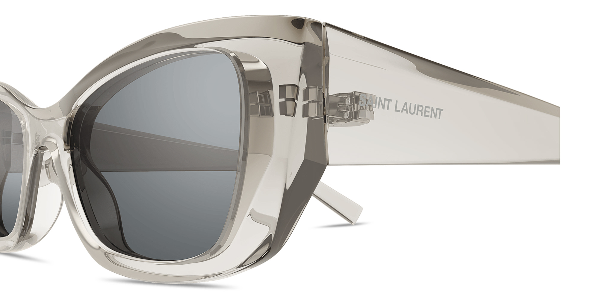 Shop SAINT LAURENT Logo Print Cat-Eye Sunglasses in Transparent Grey online.