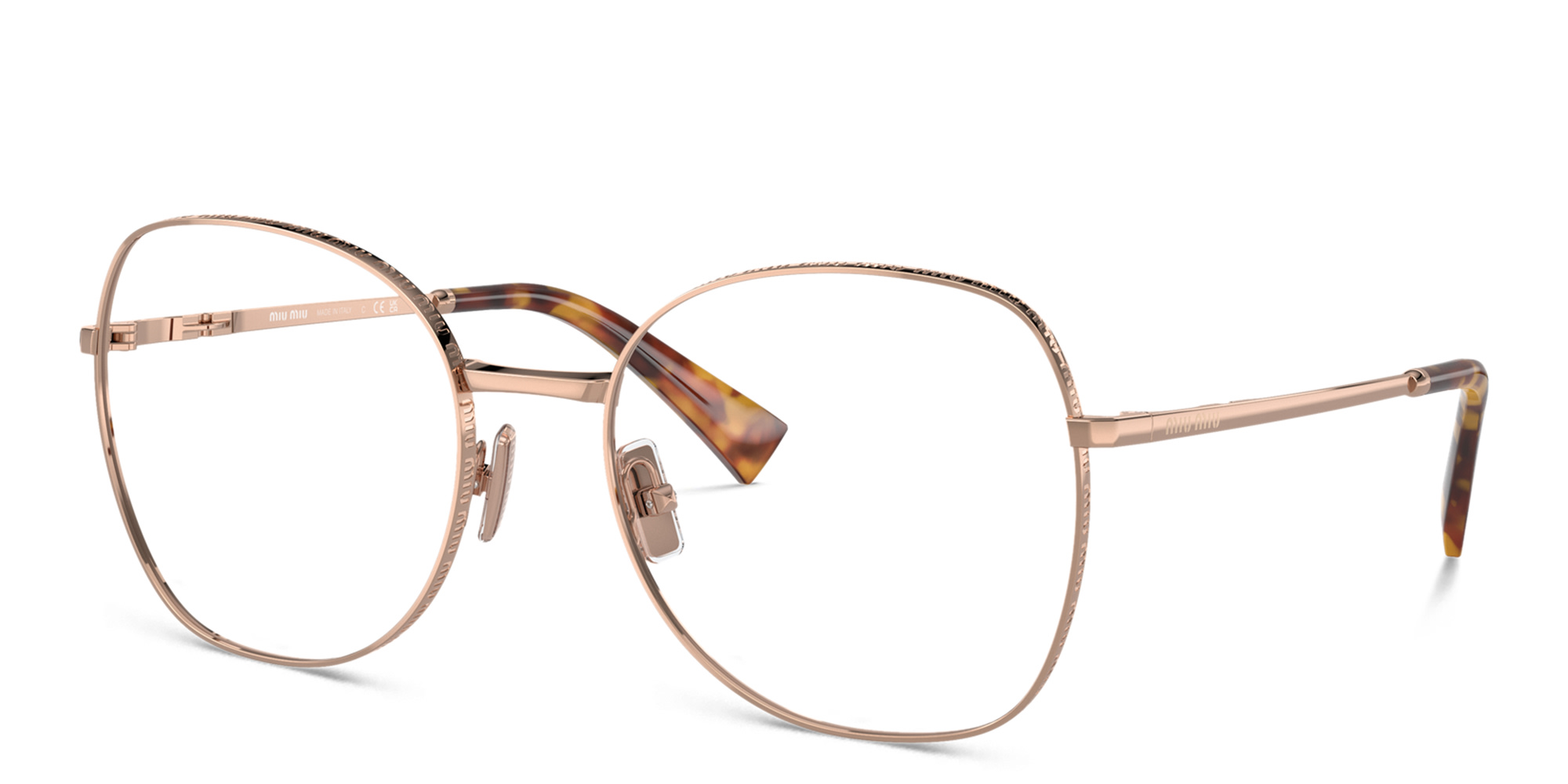 Shop MIU MIU Wide Panthos Eyeglasses in Rose Gold online.