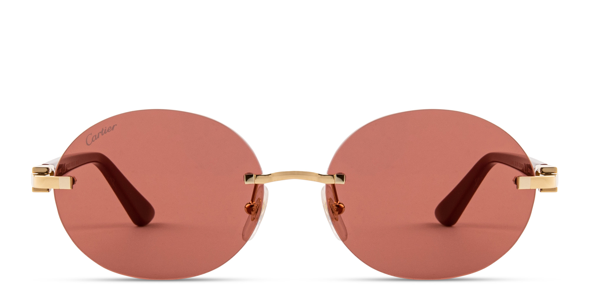 Shop Cartier Rimless Round Sunglasses with Elongated C de Cartier Motif in Gold online.