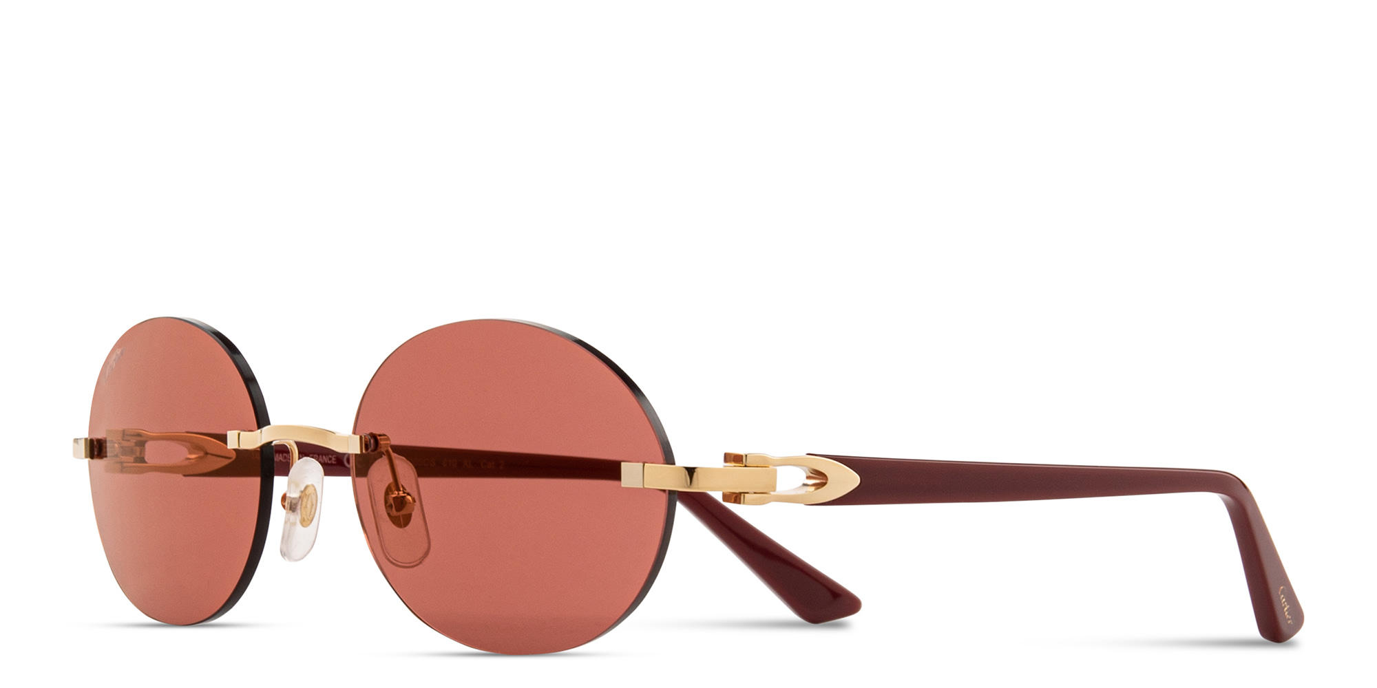 Shop Cartier Rimless Round Sunglasses with Elongated C de Cartier Motif in Gold online.