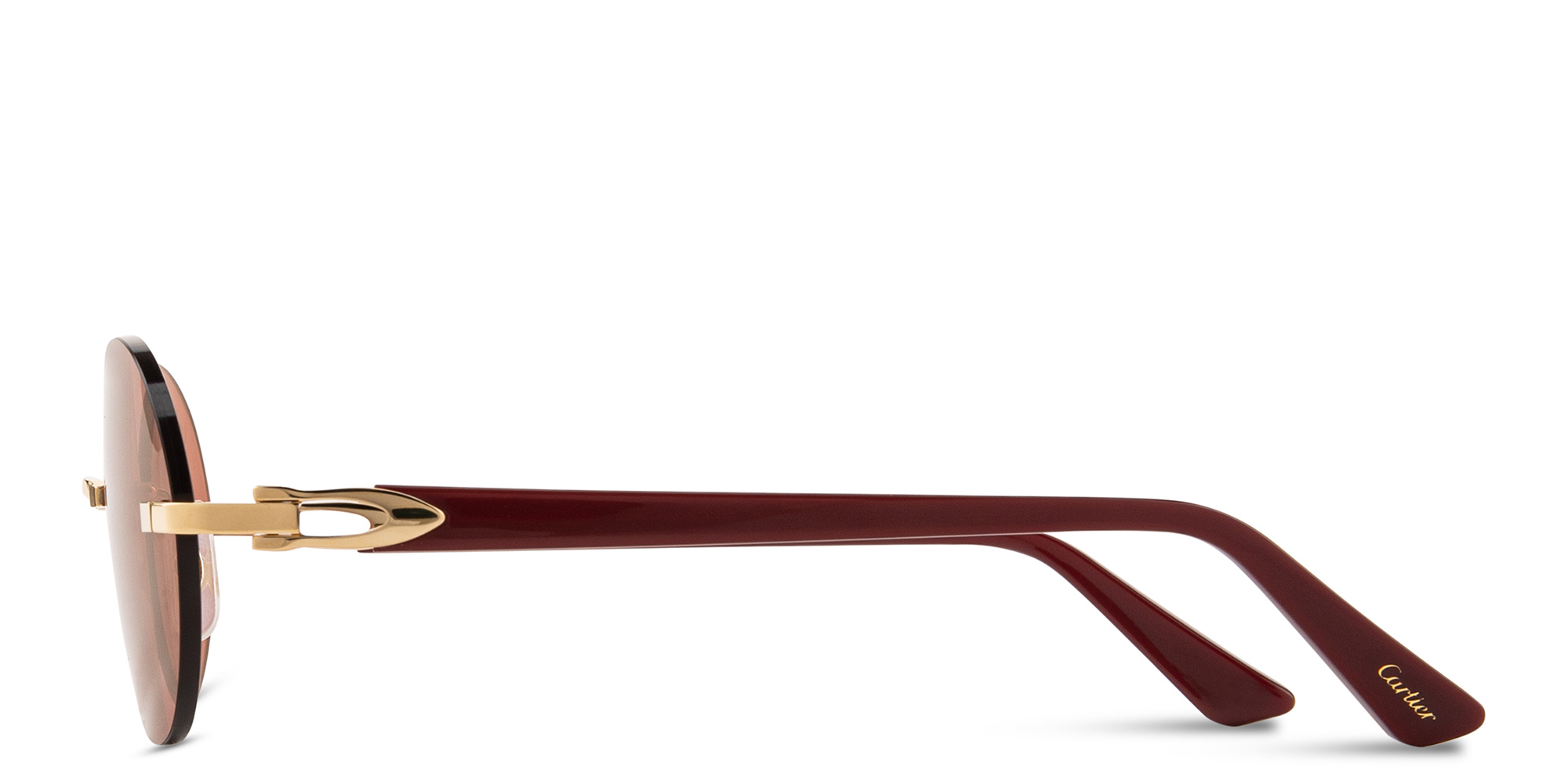 Shop Cartier Rimless Round Sunglasses with Elongated C de Cartier Motif in Gold online.