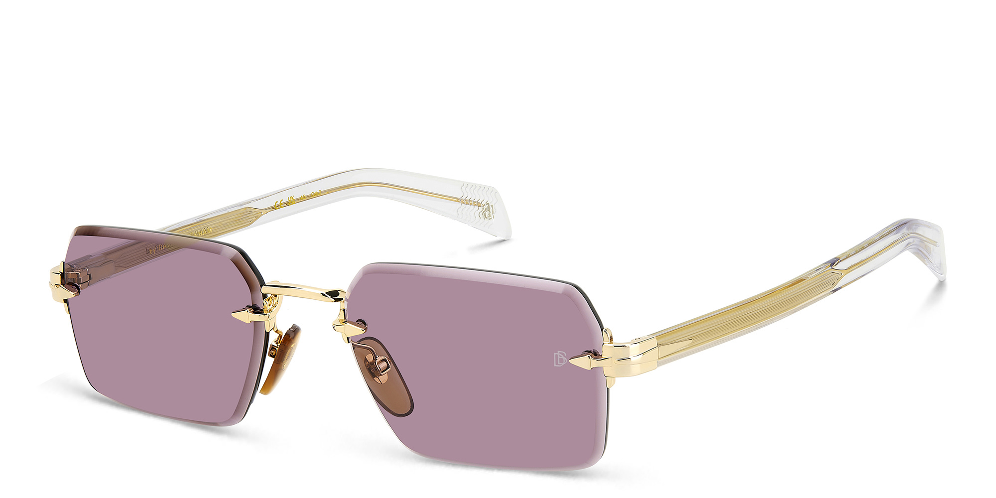 Shop DAVID BECKHAM Rimless Rectangle Sunglasses in Gold Crystal online.