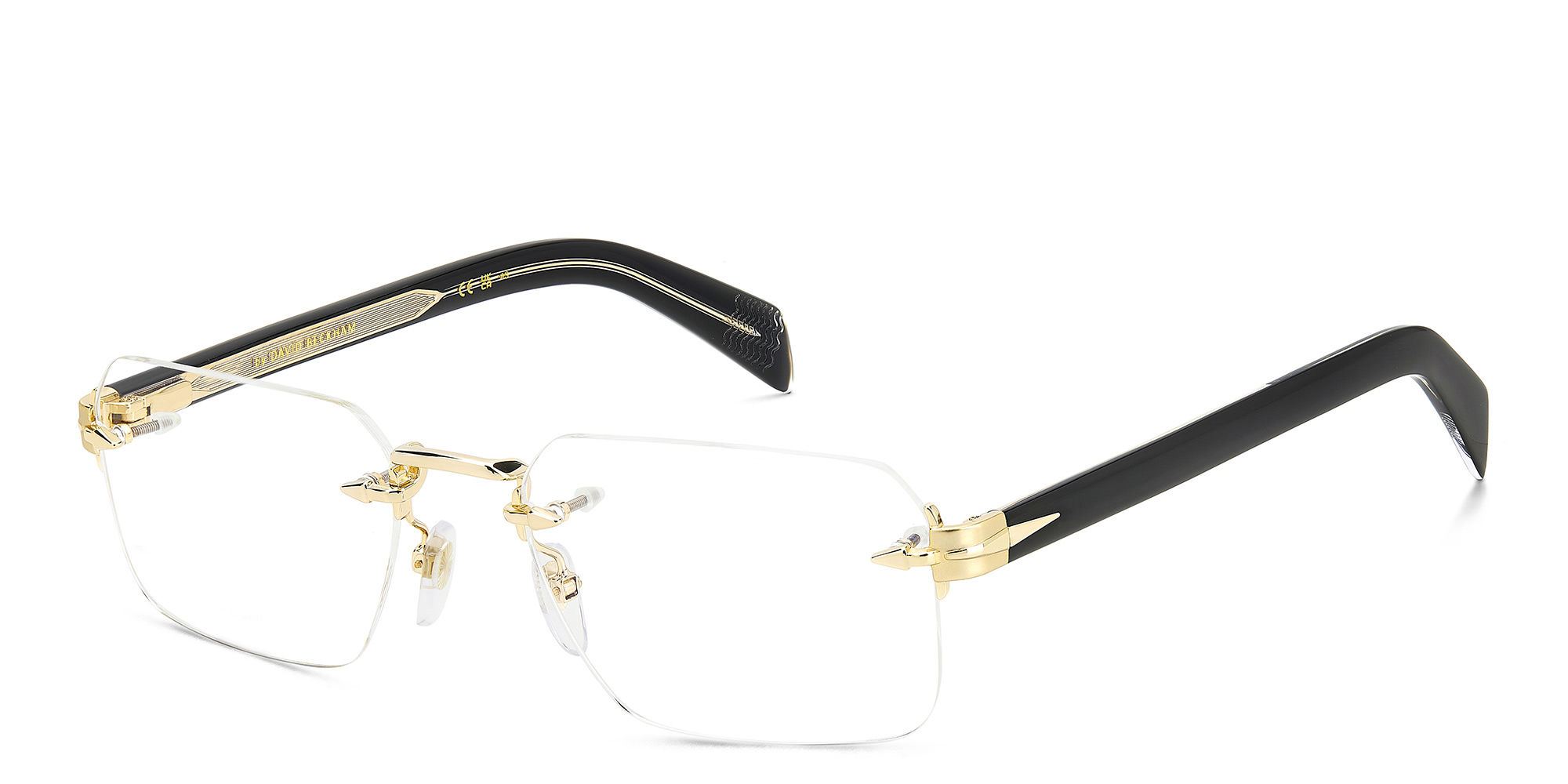 Shop DAVID BECKHAM Rimless Rectangle Eyeglasses in Gold Black online.