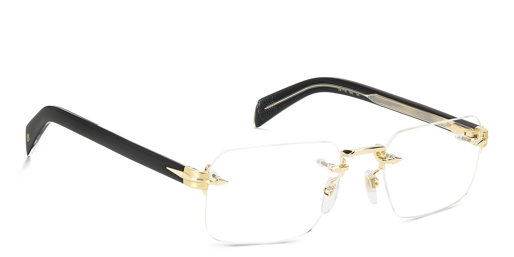 Shop DAVID BECKHAM Rimless Rectangle Eyeglasses in Gold Black online.