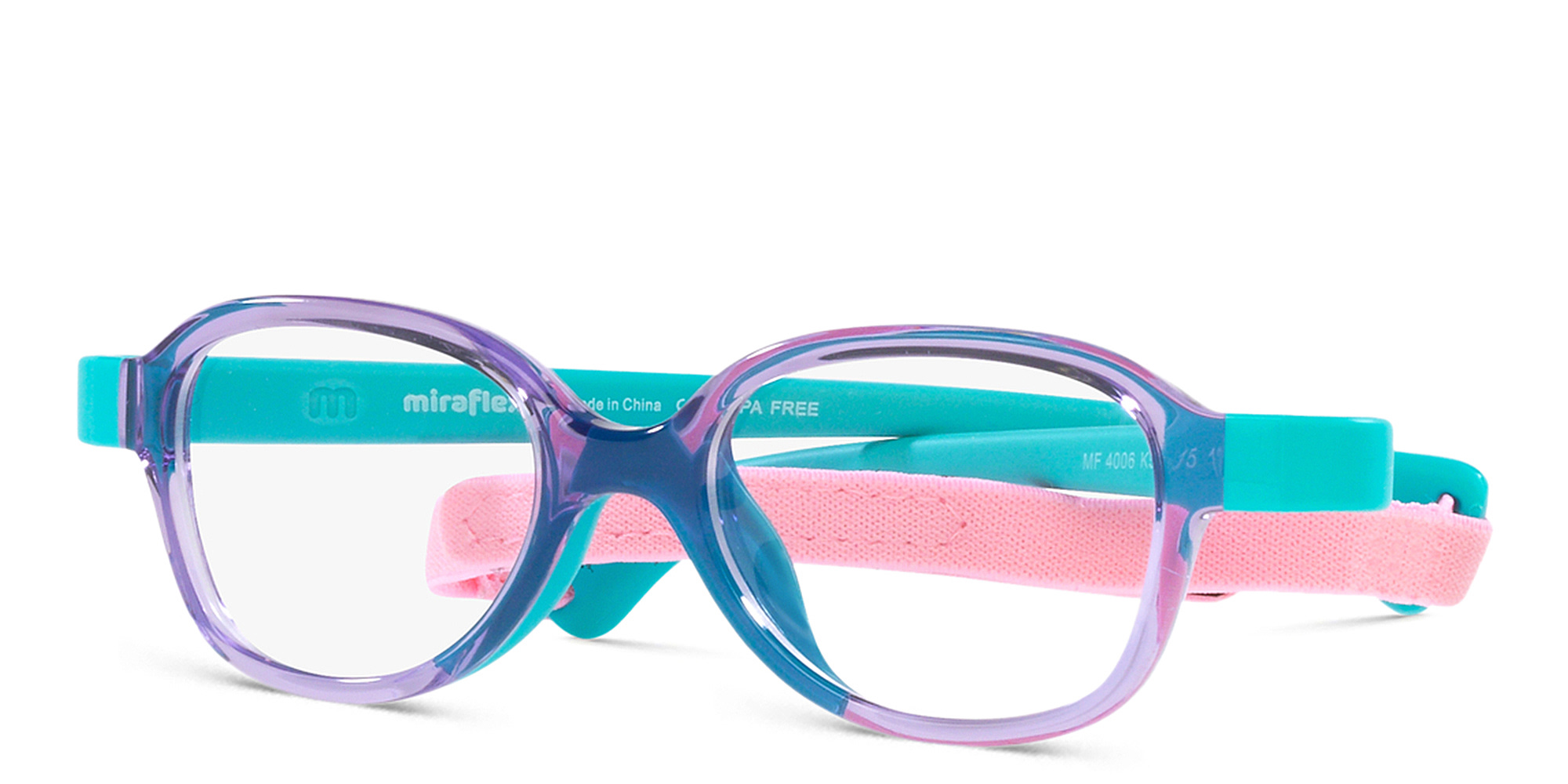 Shop Mira Flex Logo Kids Square Eyeglasses in Translucent Lilac Turquoise online.